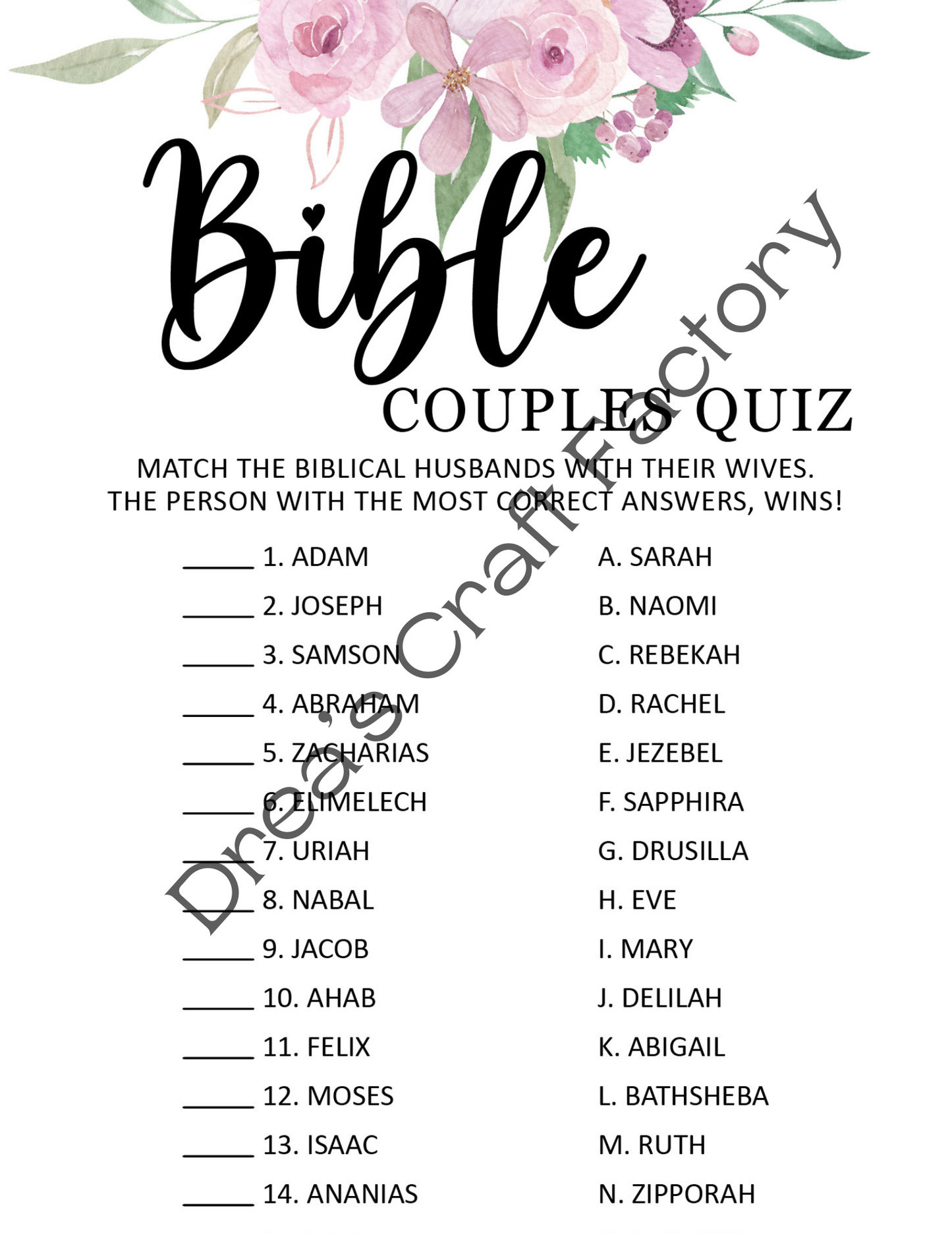 Bible Couple Quiz,  Bridal Shower Game