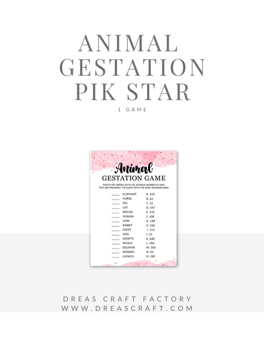 Animal Gestation Girl Baby Shower Game-Pink with gold stars