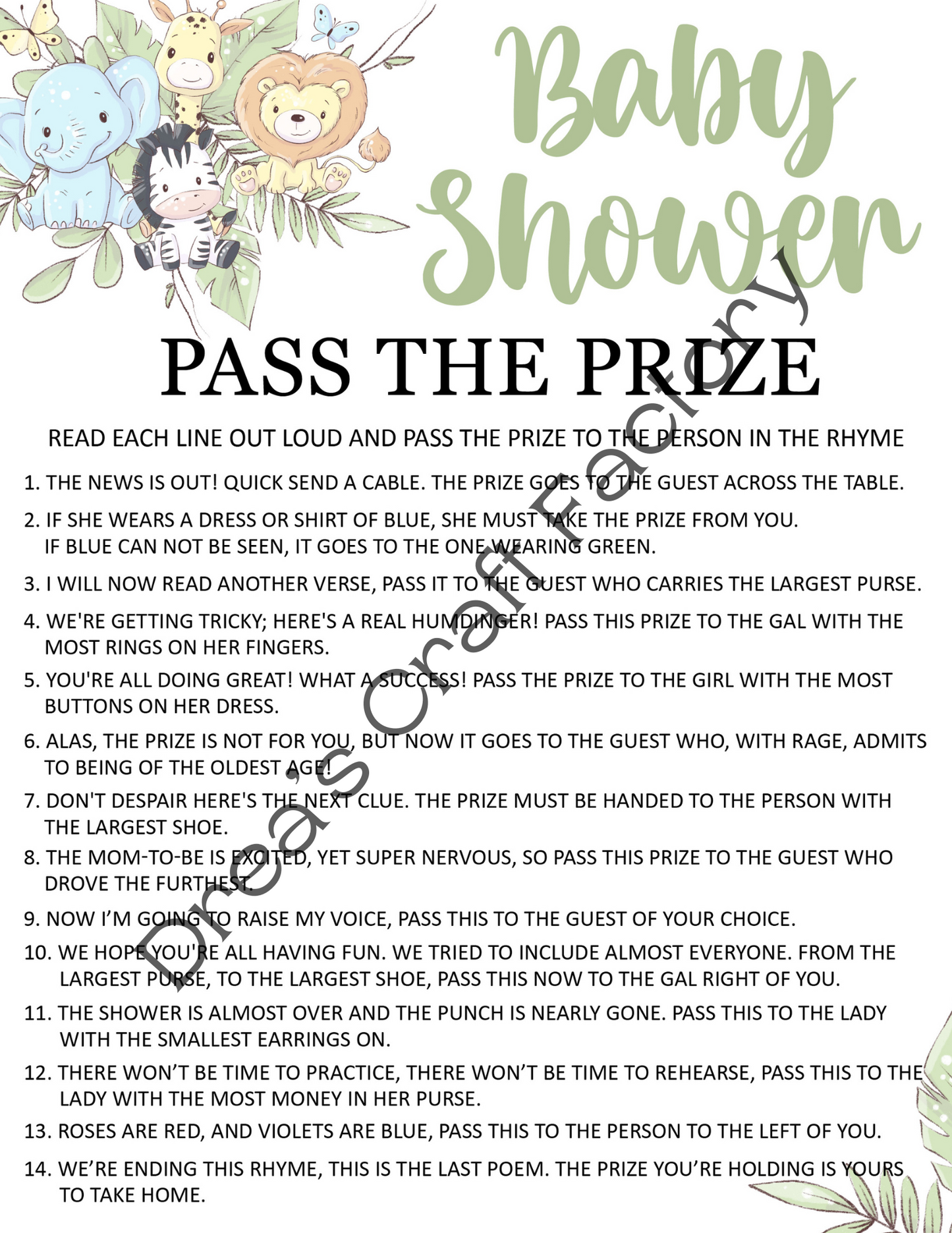 Baby Animal Theme Pass The Prize Baby Shower Game