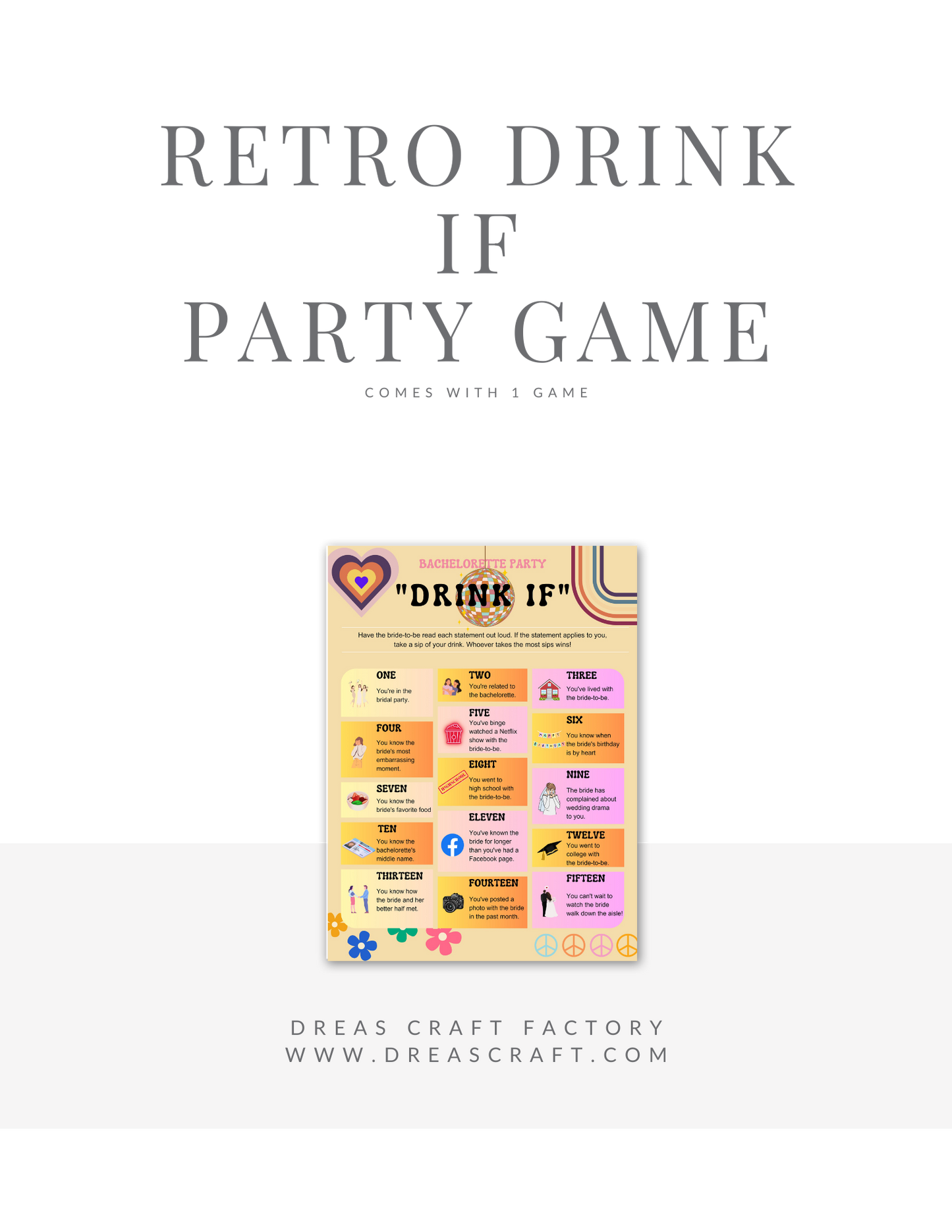 Retro 70's Bachelorette Drinking Party Game- 1 Game