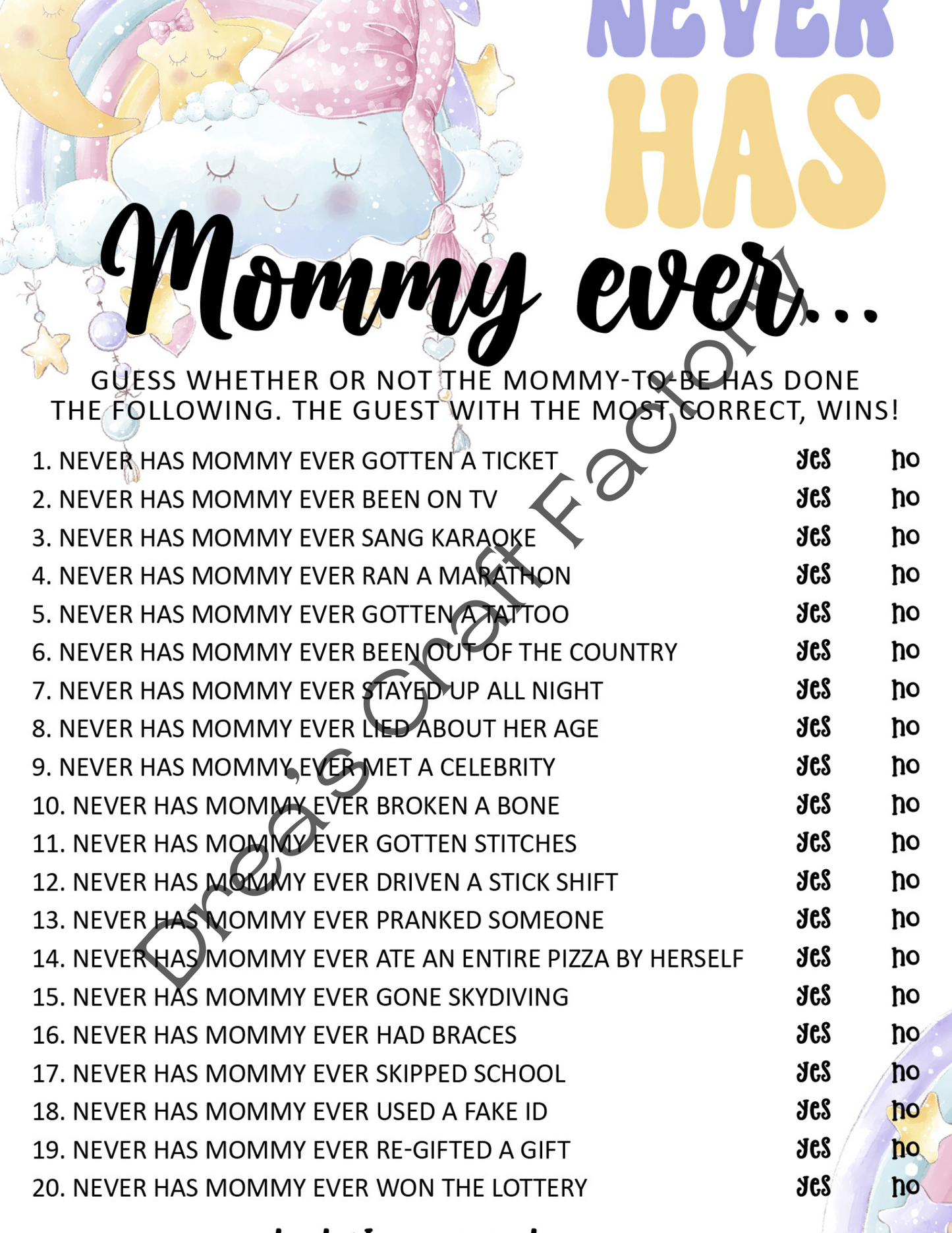 Never Has Mommy Ever Baby Shower Party Game