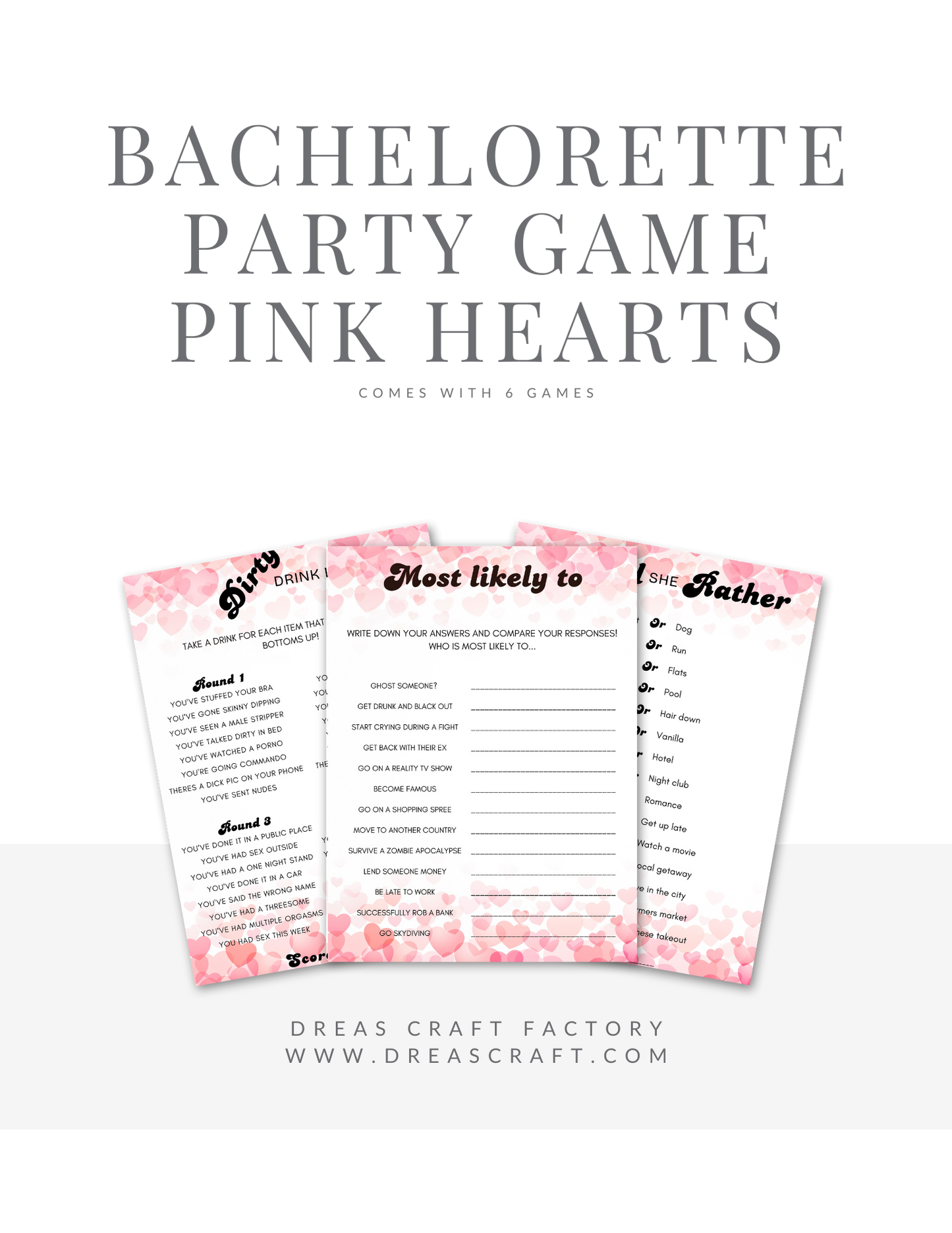 Pink Watercolor Hearts Adult Bachelorette Party Games