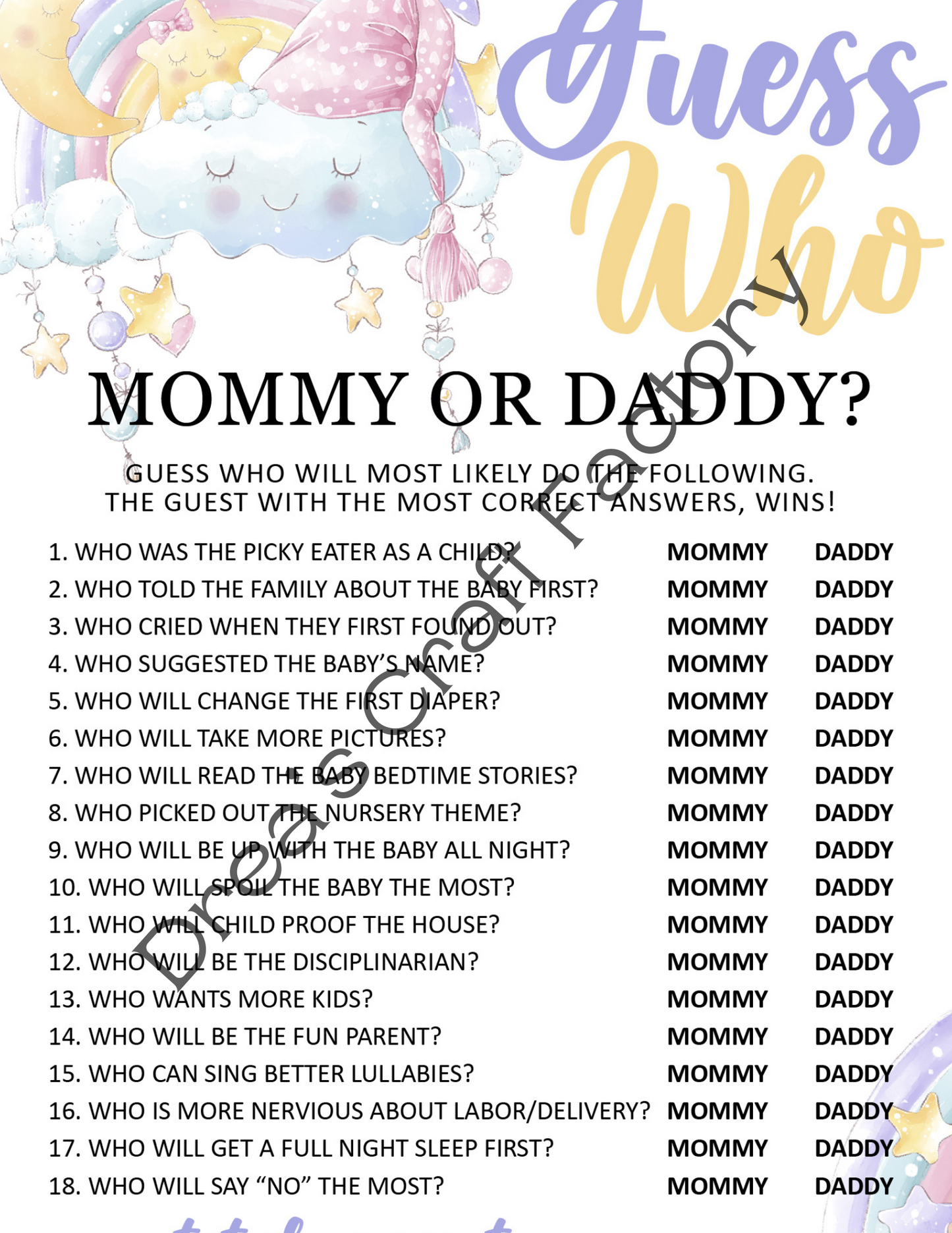 Guess Who Mommy or Daddy Baby Shower Game