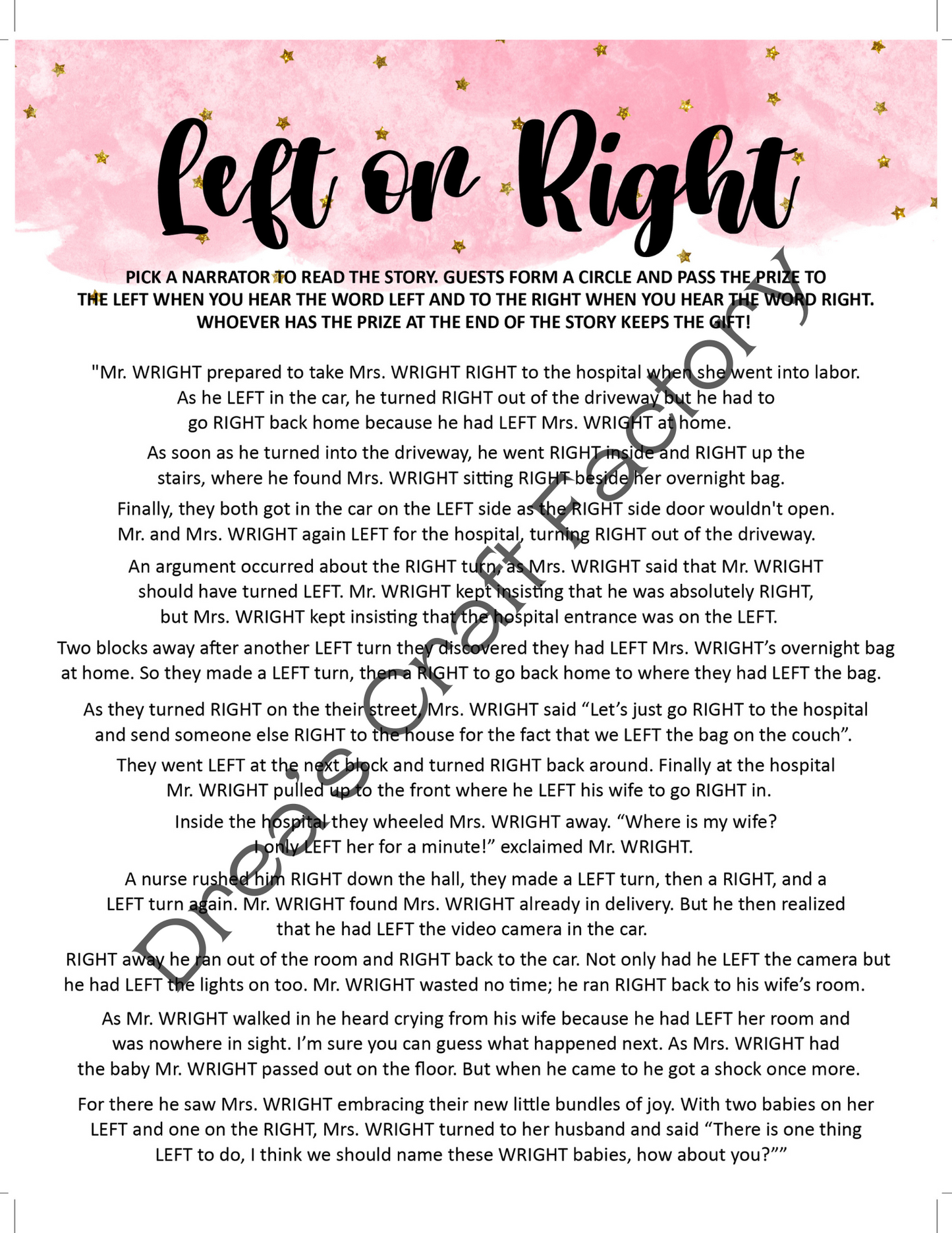 Pink Girl Left or Right Baby Shower Game