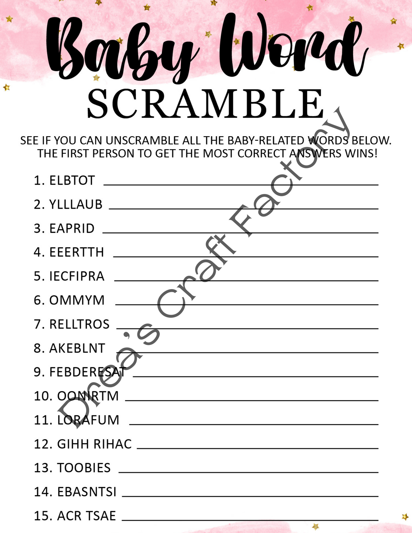 Girl Baby Word Scramble Baby Shower Game- Pink with Gold Stars