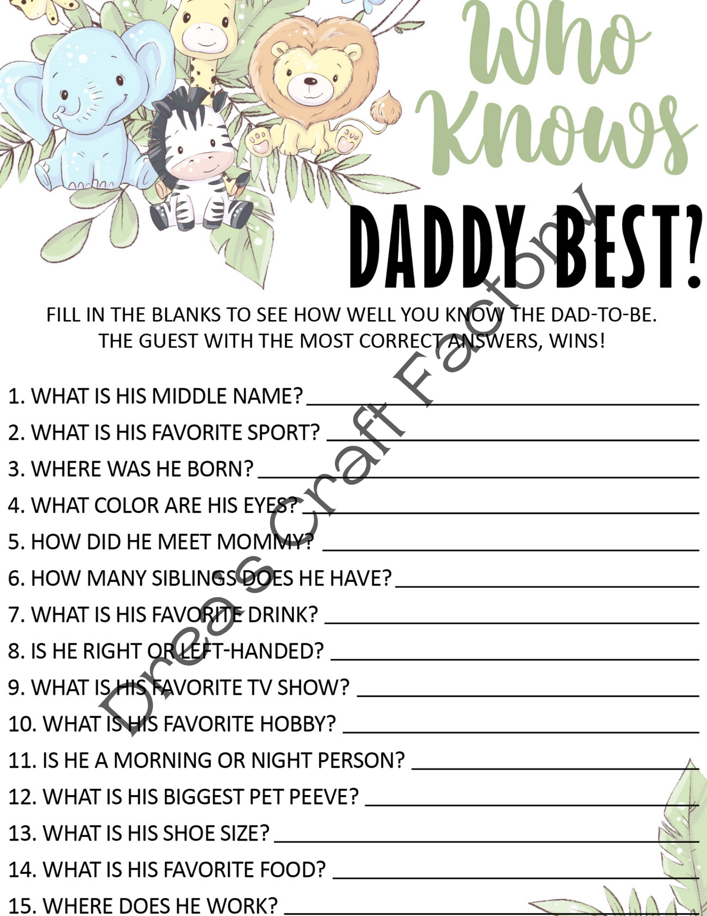 Baby Animals Theme Who Knows Daddy Best Baby Shower Game Digital Download