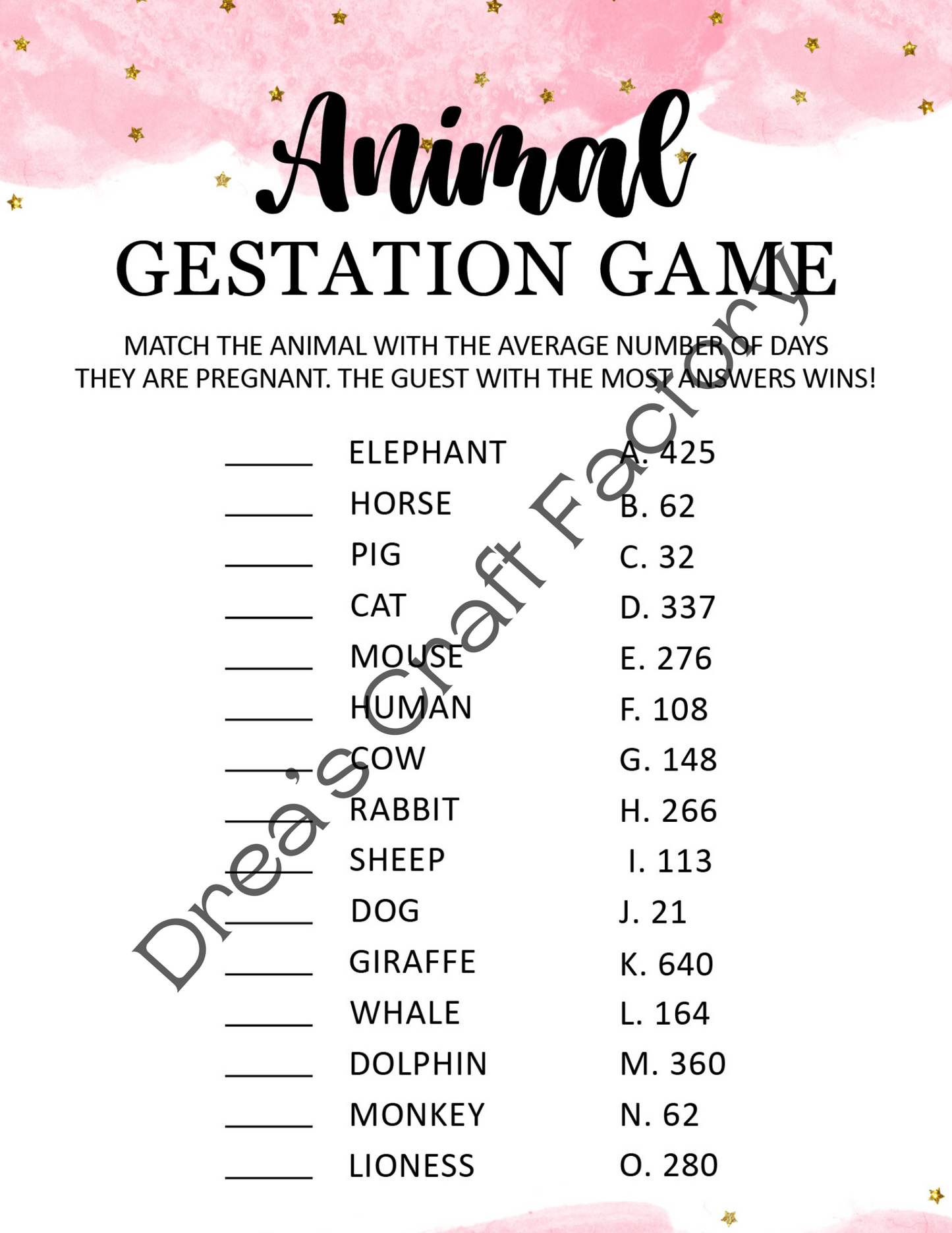 Animal Gestation Girl Baby Shower Game-Pink with gold stars