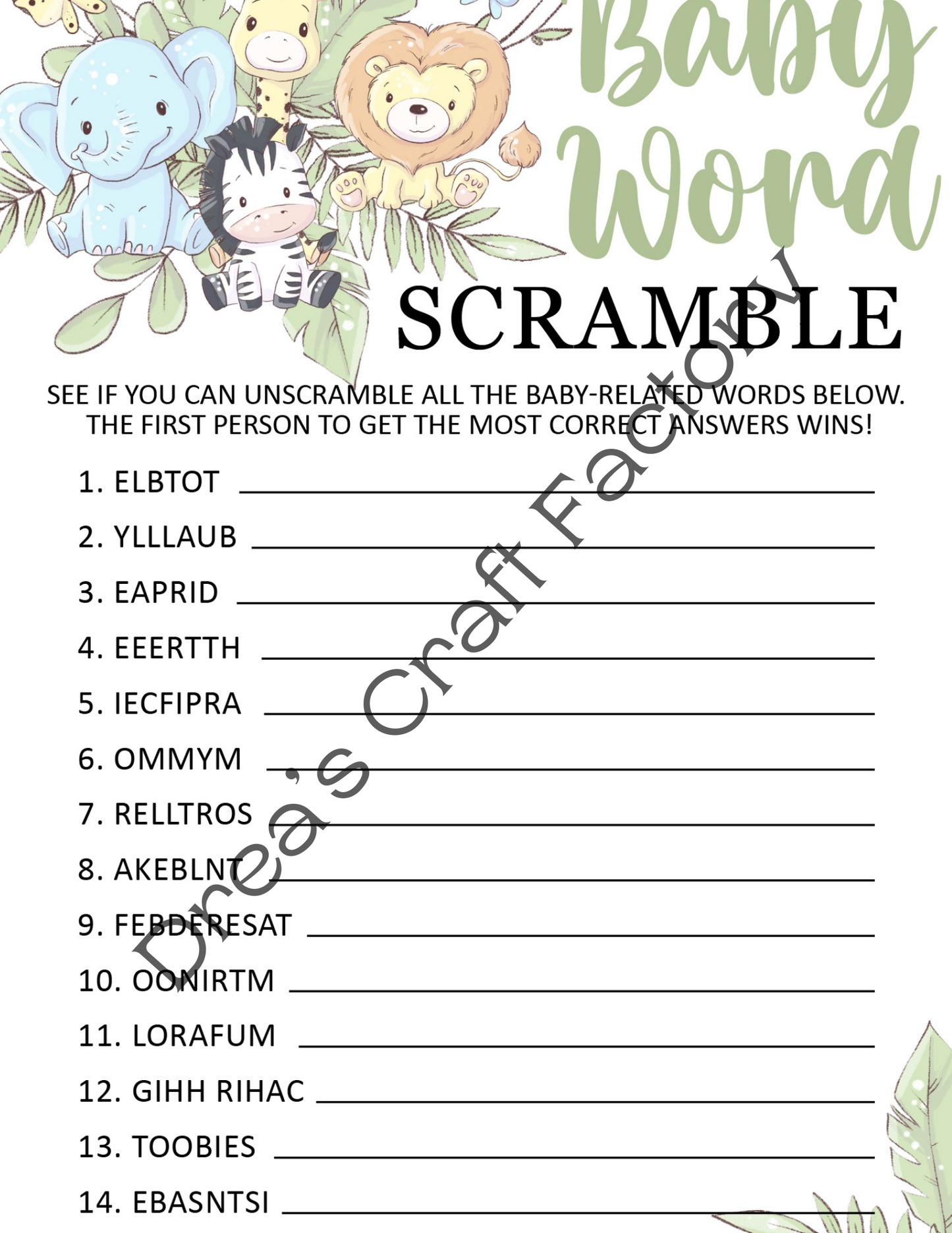 Baby Word Scramble Shower Game- Baby Animals