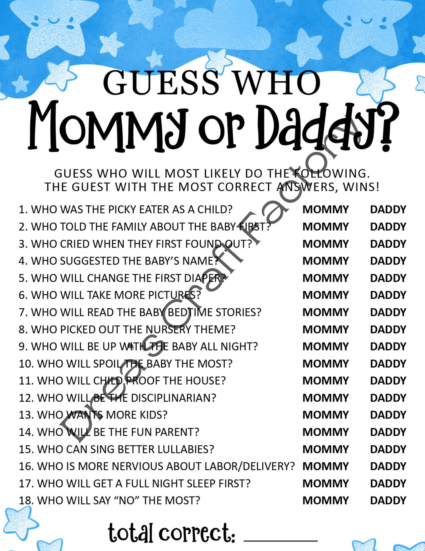 Baby Boy Guess Who Mommy or Daddy Baby Shower Game