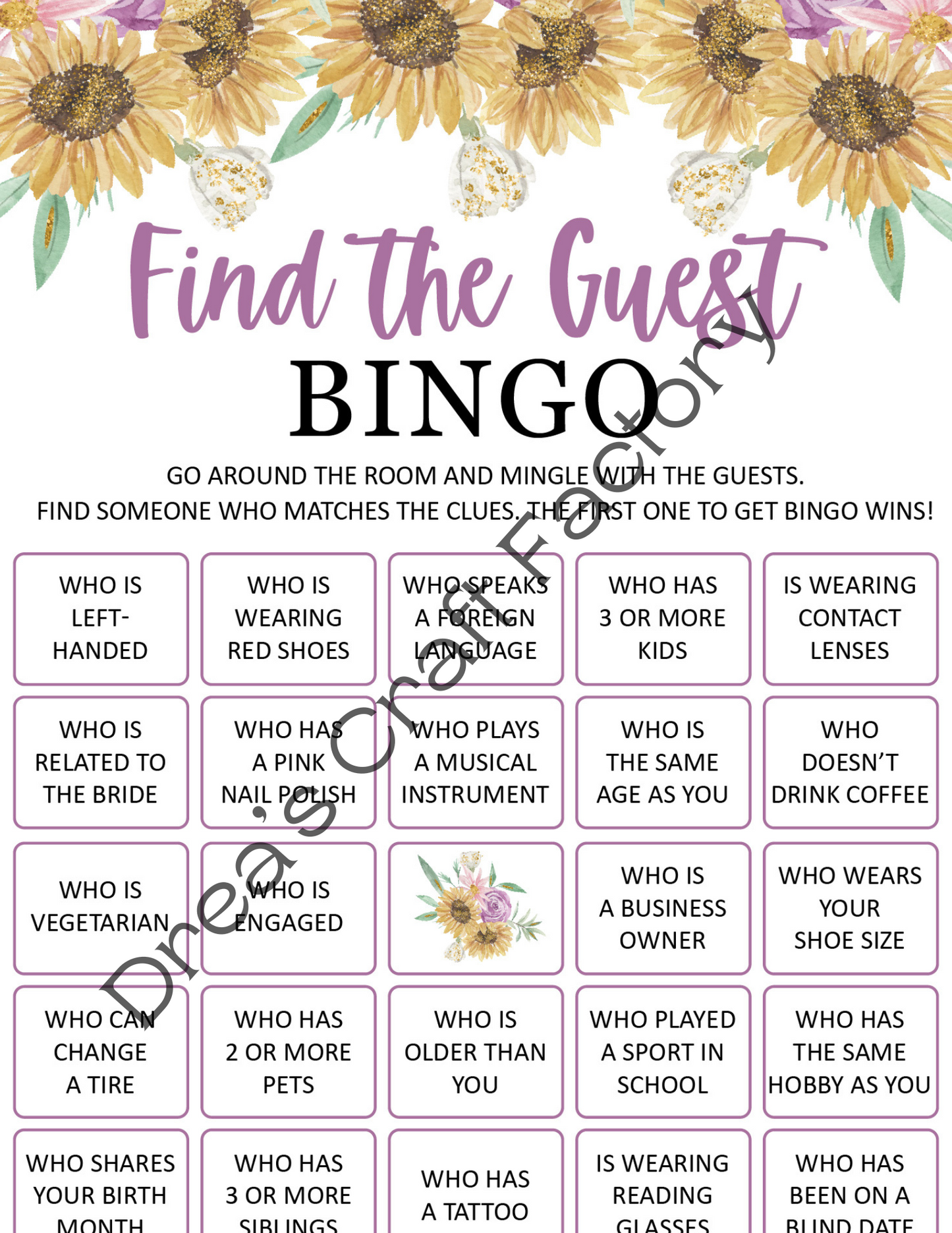 Sunflower Theme Find the Guest Bridal Party Game