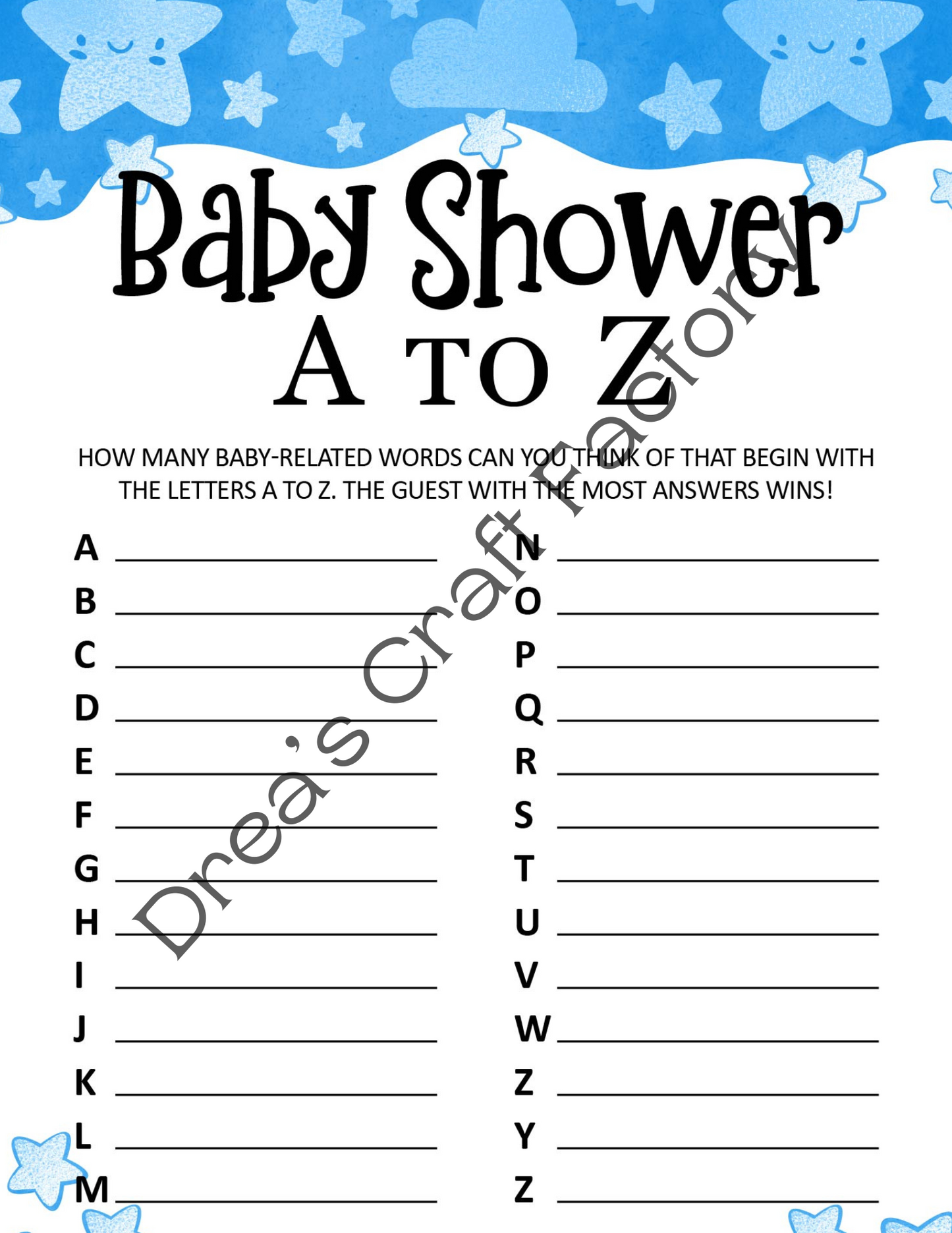 Boy Baby Shower A to Z Party Game