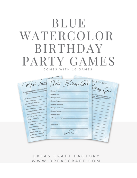 Blue Watercolors Girl Birthday Party Games