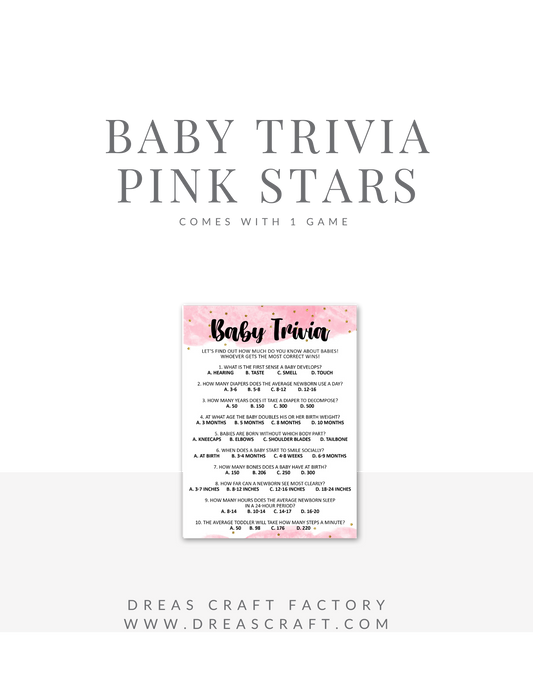 Baby Girl Baby Shower Trivia Game- Pink with Gold Stars