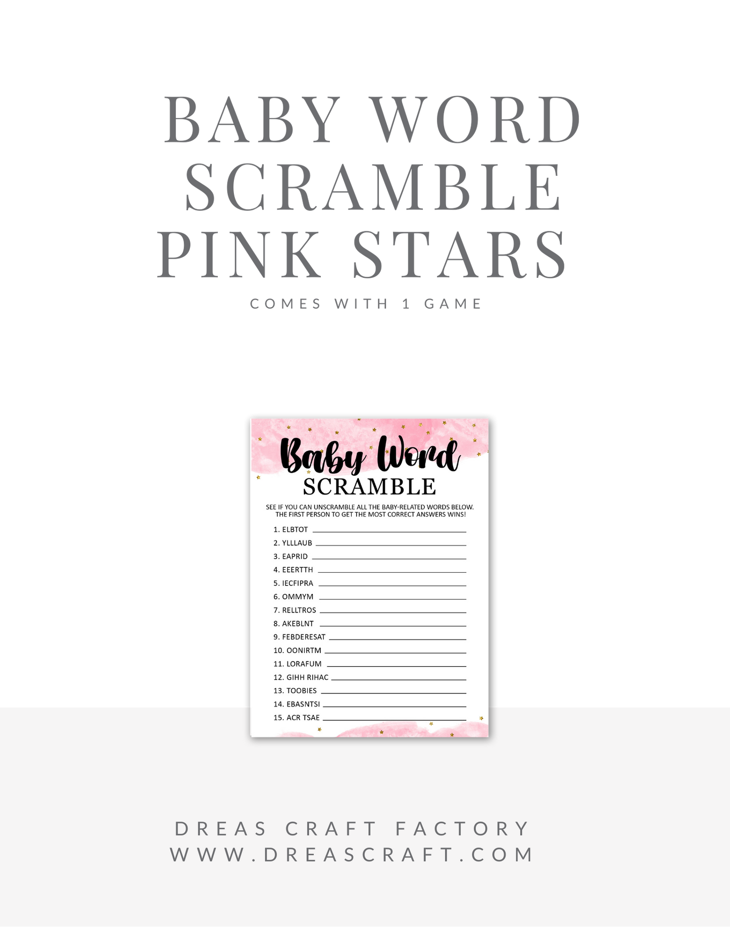 Girl Baby Word Scramble Baby Shower Game- Pink with Gold Stars