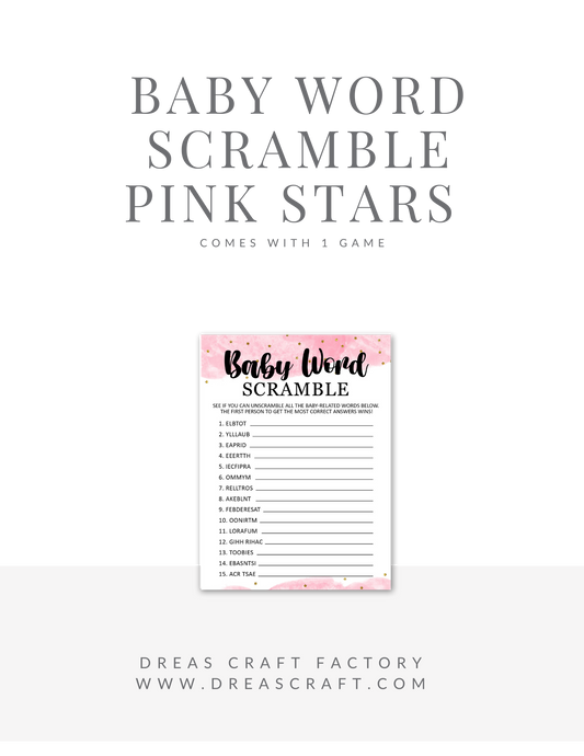 Girl Baby Word Scramble Baby Shower Game- Pink with Gold Stars