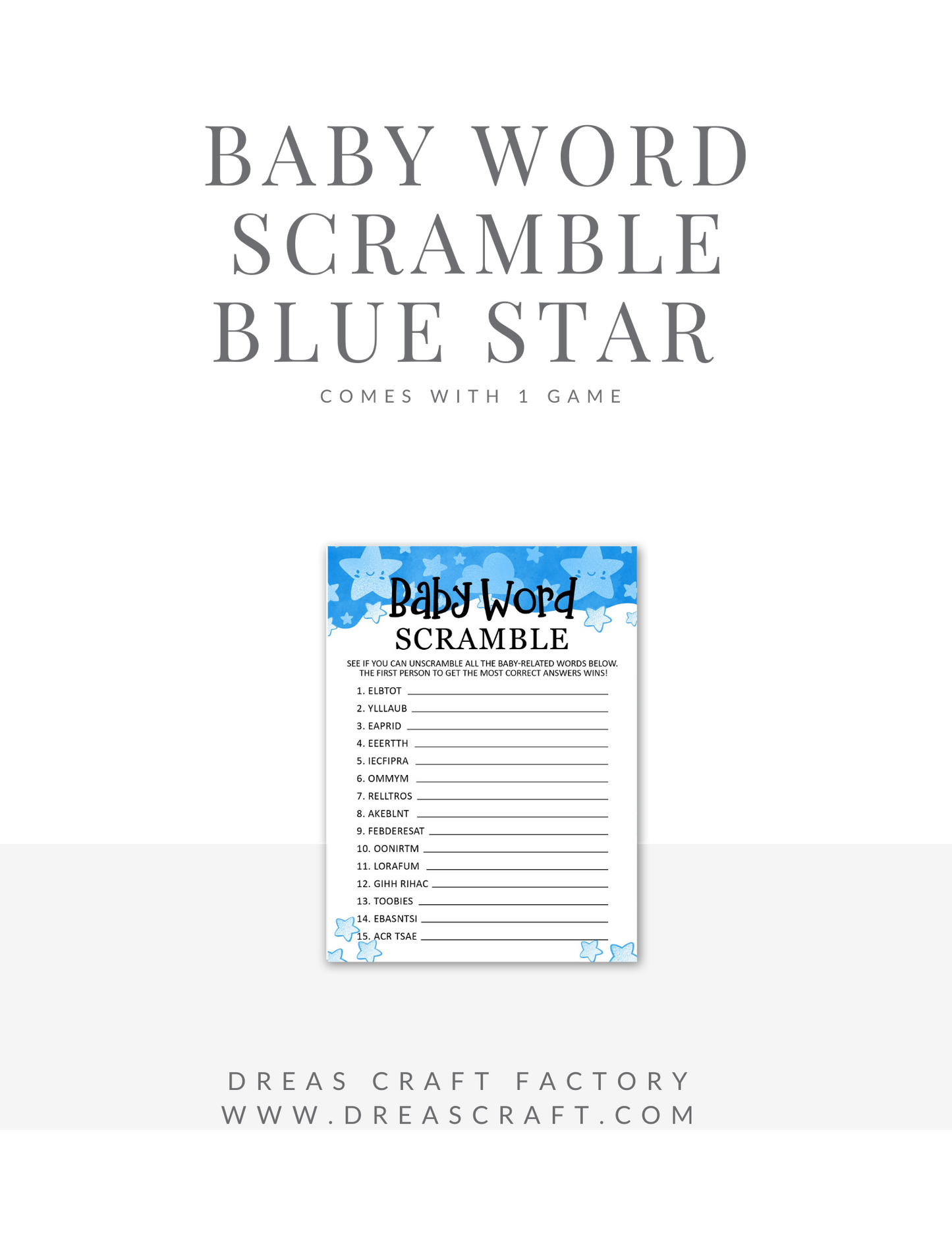 Baby Boy Word Scramble Shower Game Blue Stars