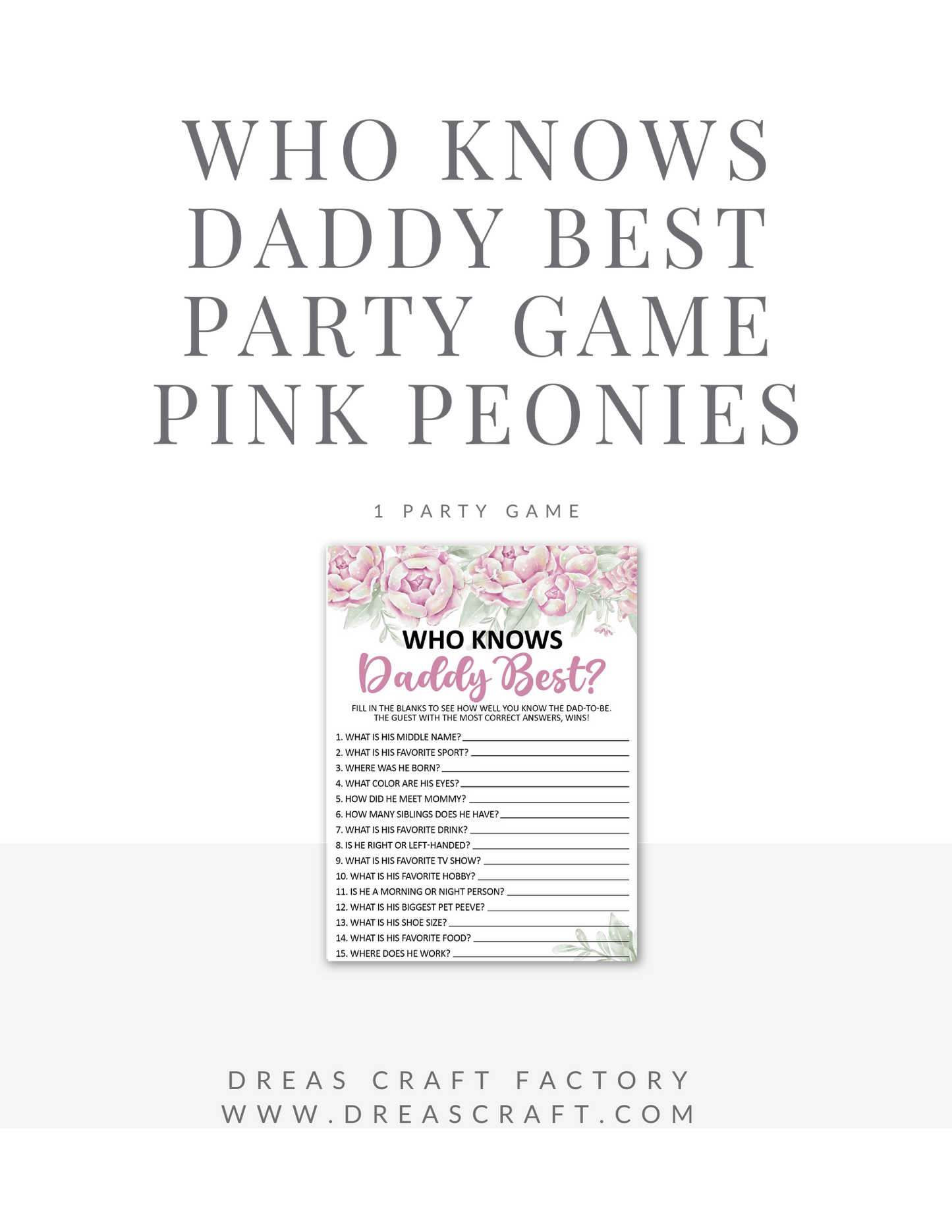 Who Knows Dad Best Baby Shower Party Game- Pink Peonies