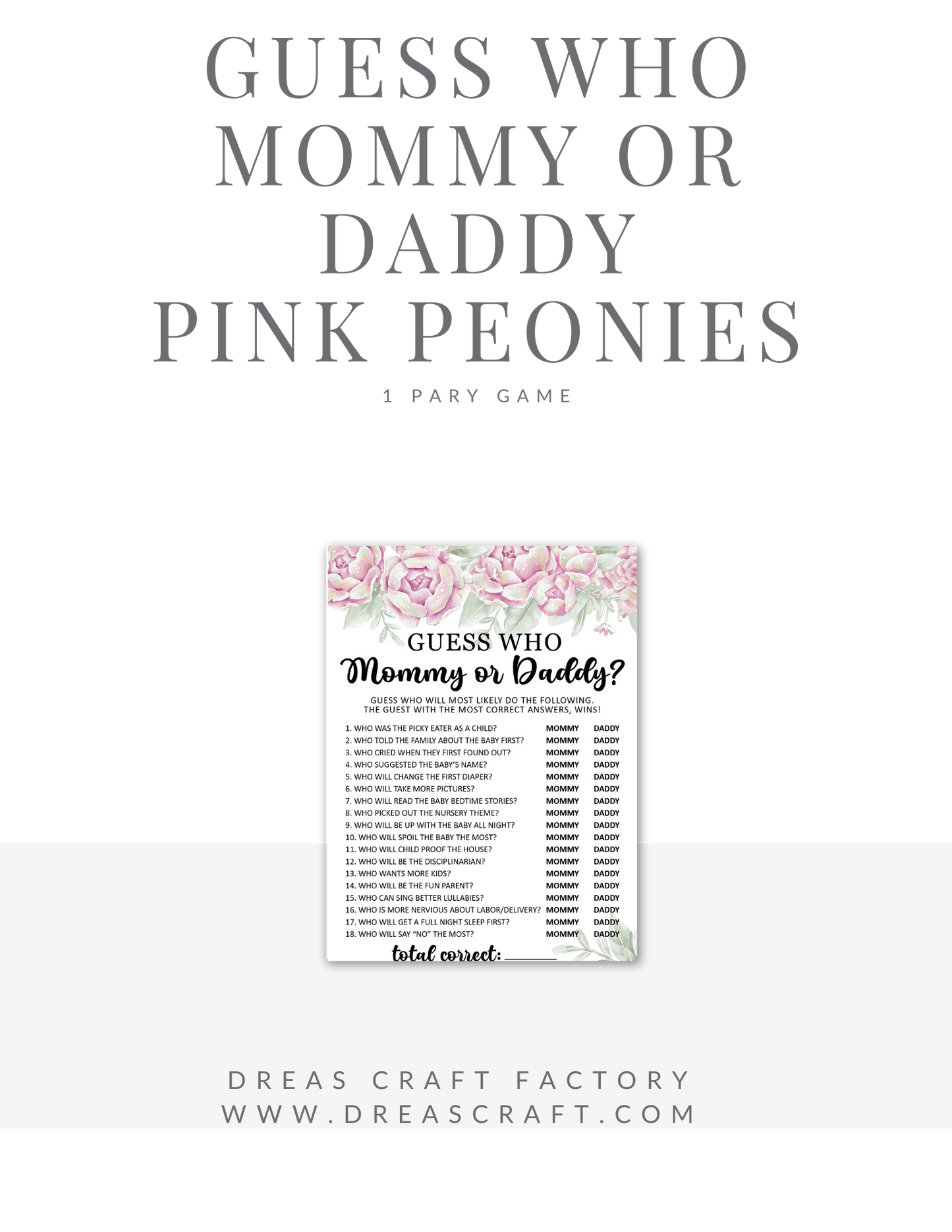 Guess Who Mommy or Daddy Baby Shower Party Game- Pink Peonies