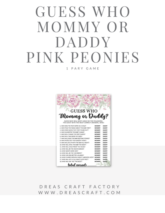 Guess Who Mommy or Daddy Baby Shower Party Game- Pink Peonies