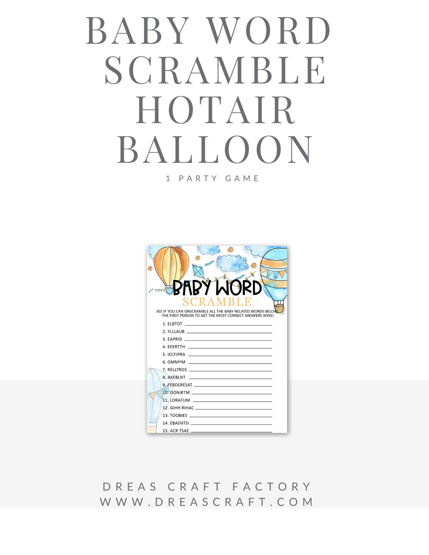 Baby Word Scramble Baby Shower Party Game- Hot Air Ballon