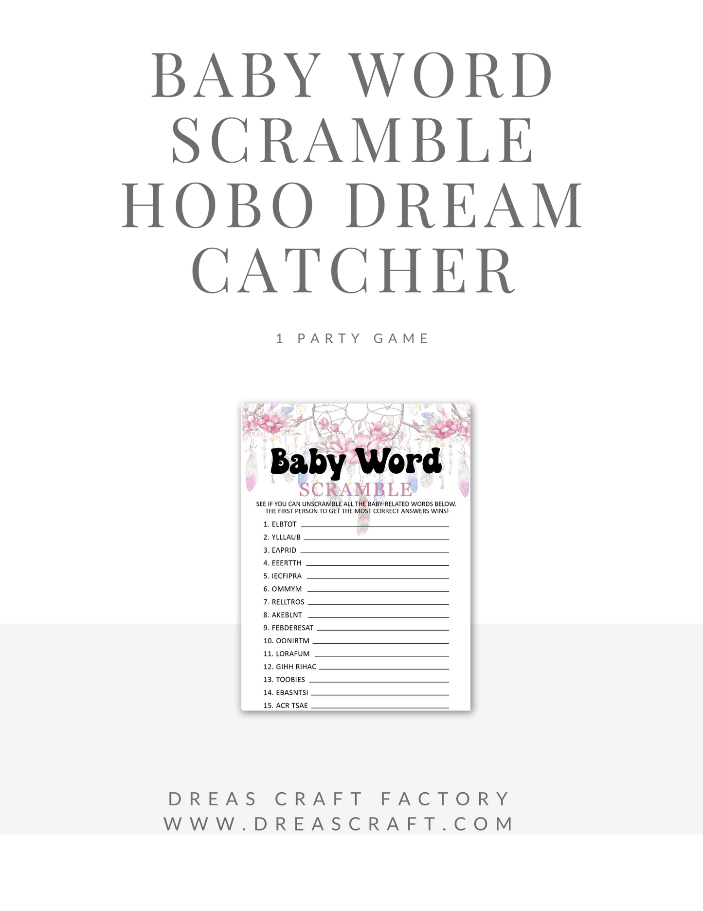 Baby Word Scramble Baby Shower Party Game- Boho Dream Catcher