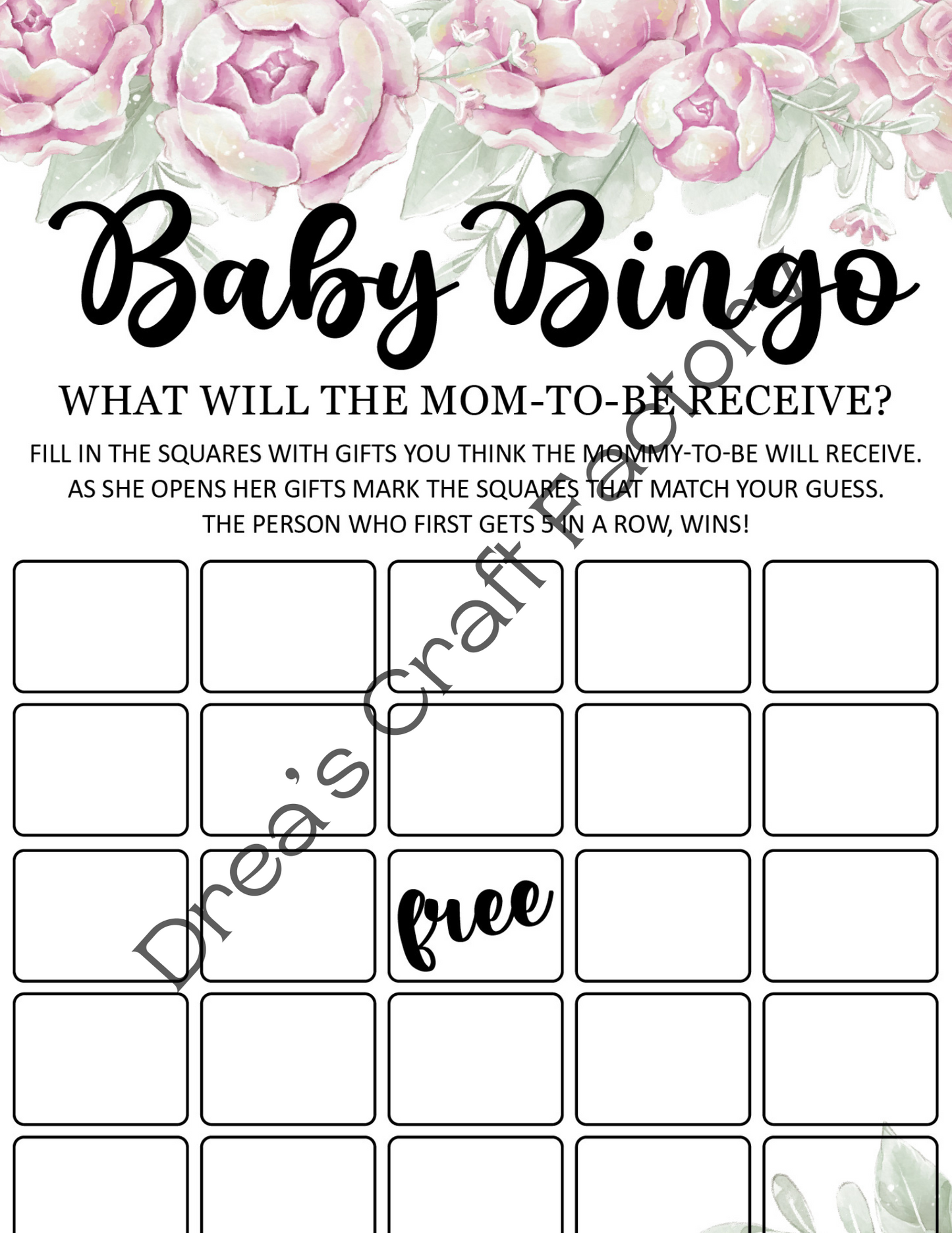 Pink Rose Theme Baby Shower BINGO