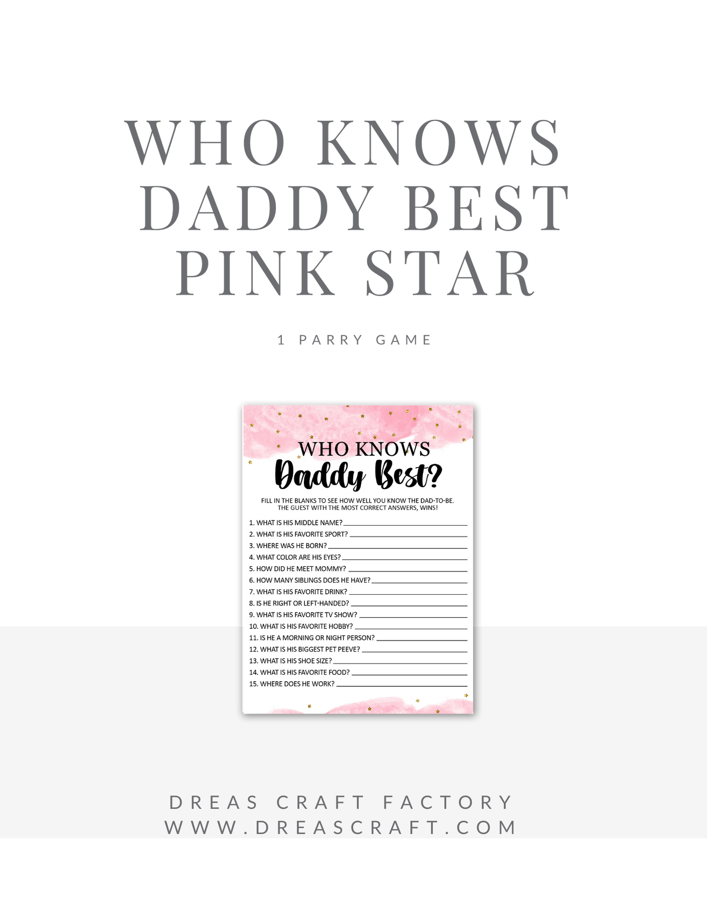 Who Knows Daddy Best Baby Shower Party Game- Pink With Gold Stars