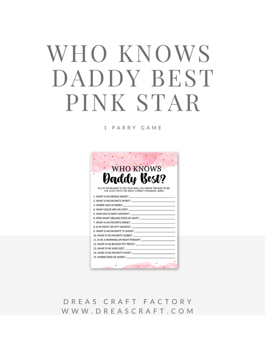 Who Knows Daddy Best Baby Shower Party Game- Pink With Gold Stars