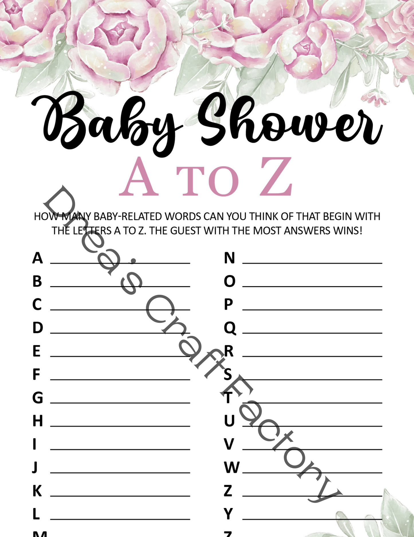 Baby Shower A to Z Baby Shower Game- Pink Peonies