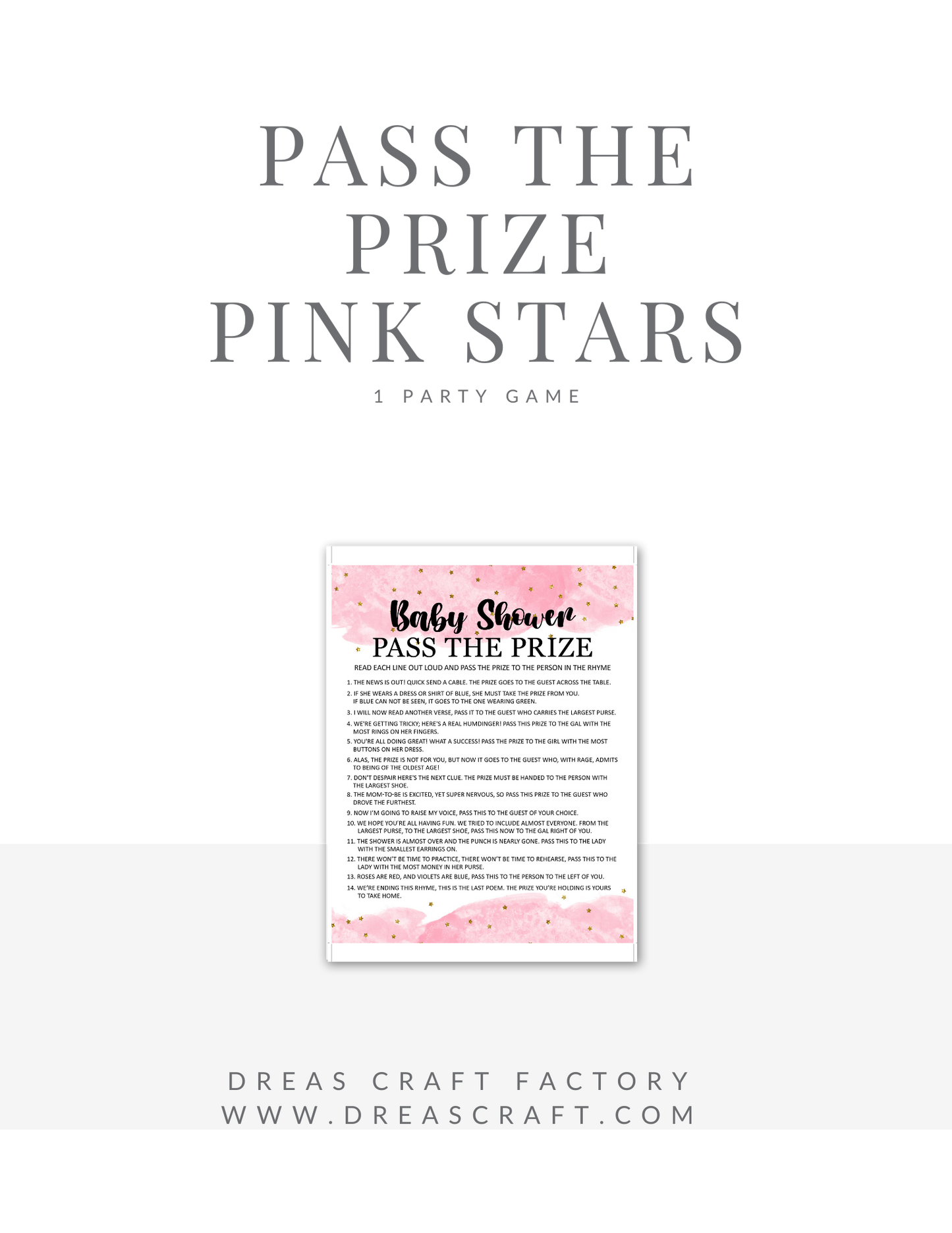 Girl Pass The Prize Baby Shower Game-Pink with Gold Stars