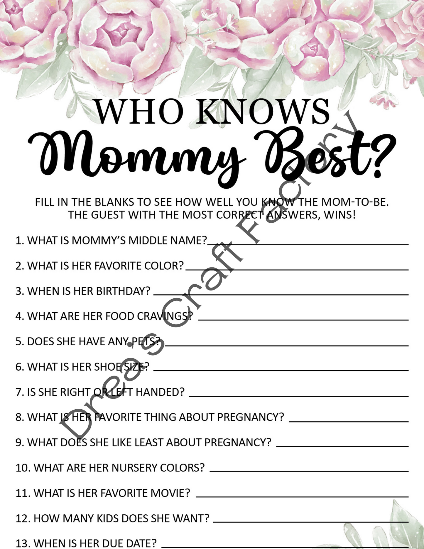 Rose Theme Guess Who Knows Mommy Best Baby Shower Party Game