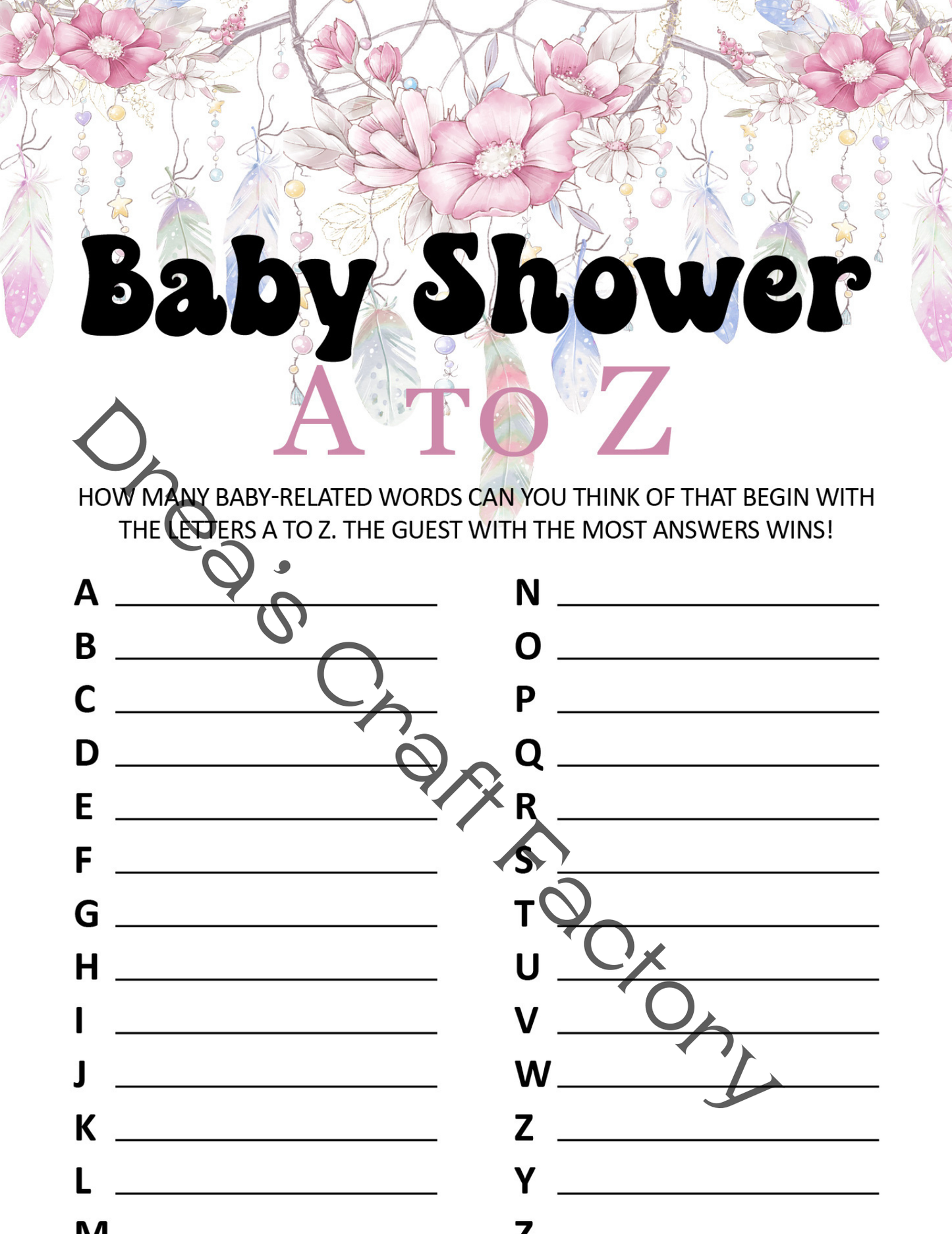 Baby Shower Game A to Z - Boho Dream Catcher