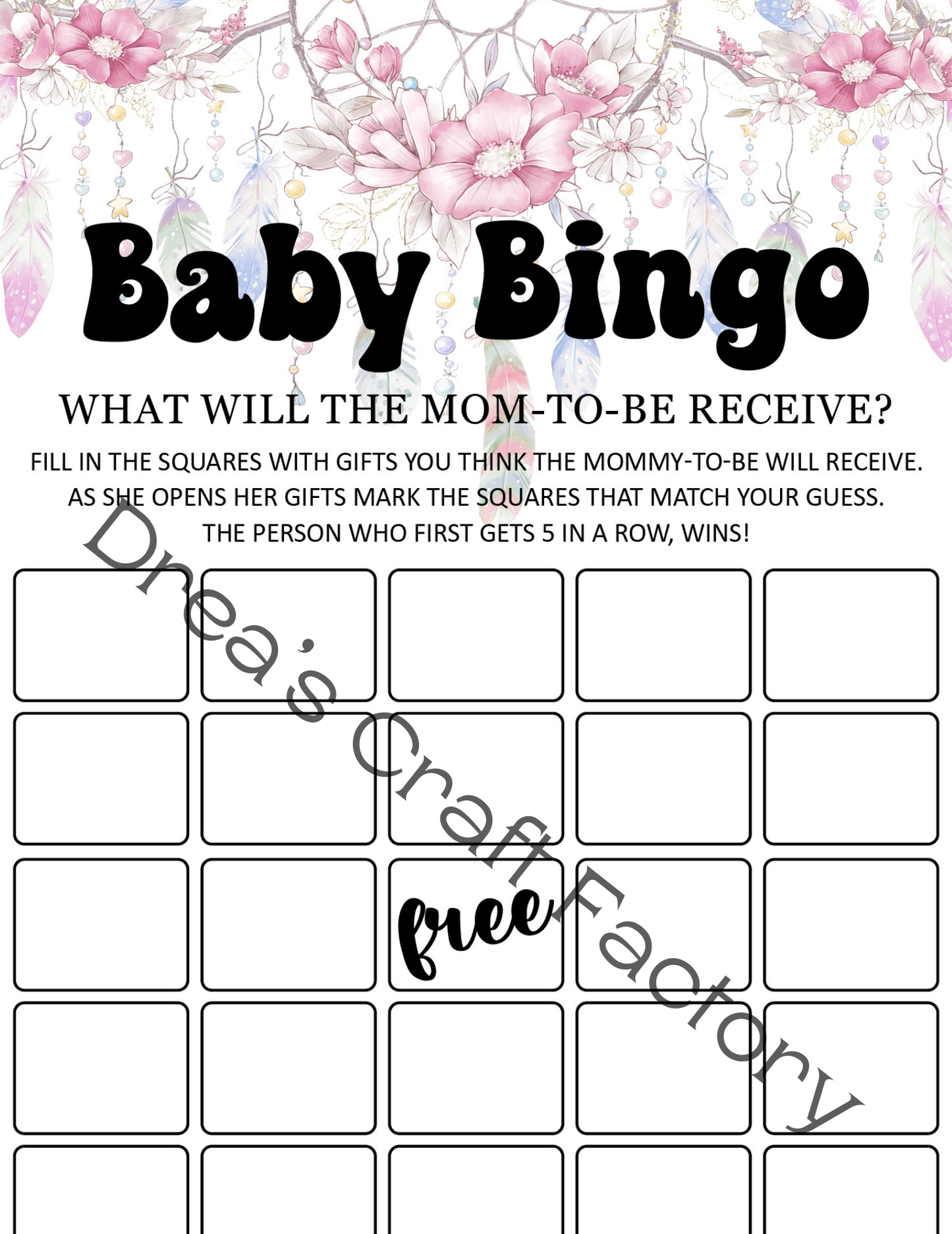 Baby BINGO Baby Shower Game- Boho Dream Catcher