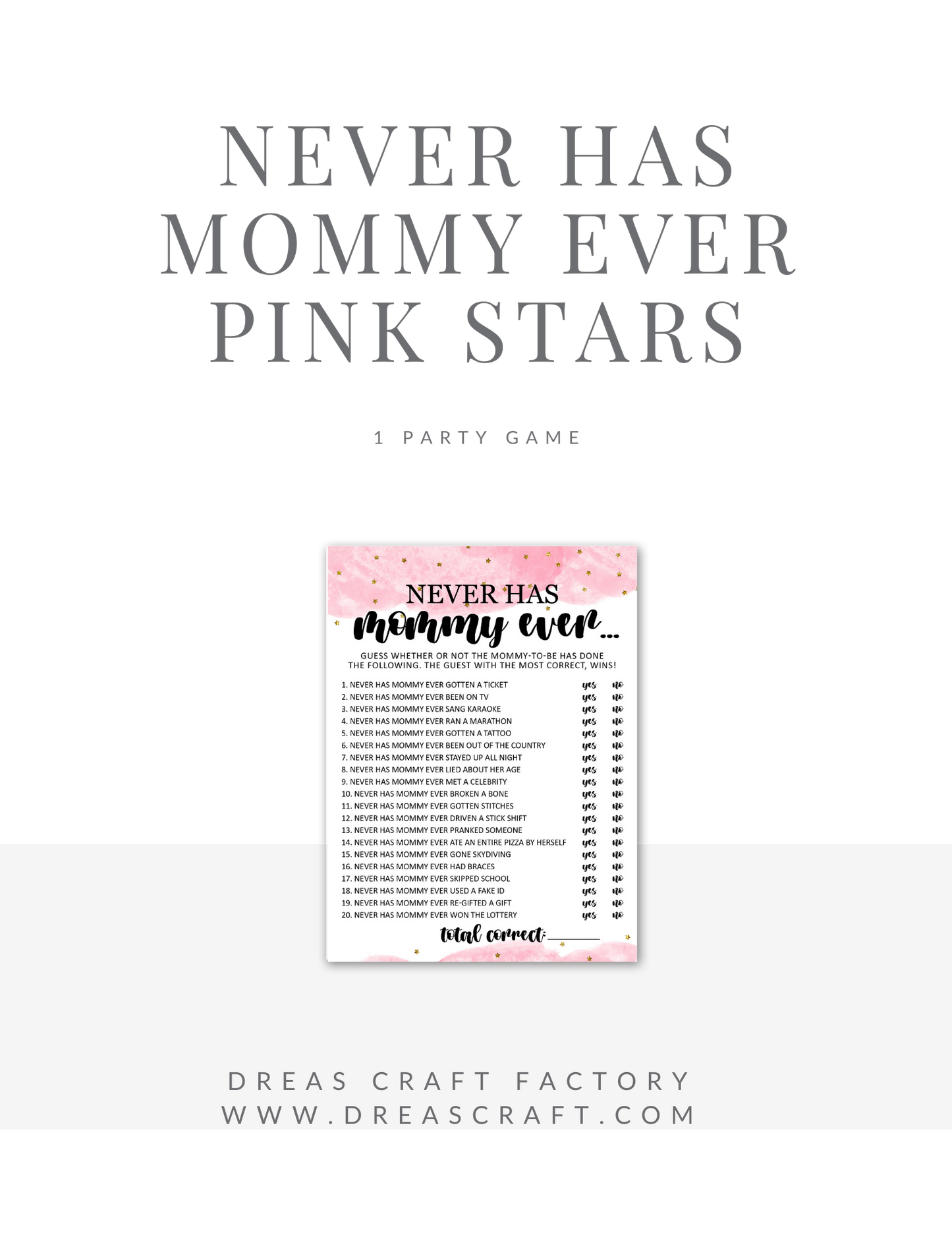 Never Has Mom Ever- Pink with Gold Star Girl Baby Shower Games