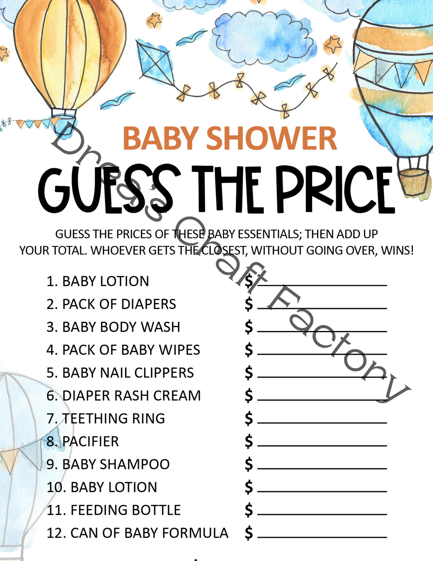 Guess The Price Baby Shower Game- Hot air Ballon Theme