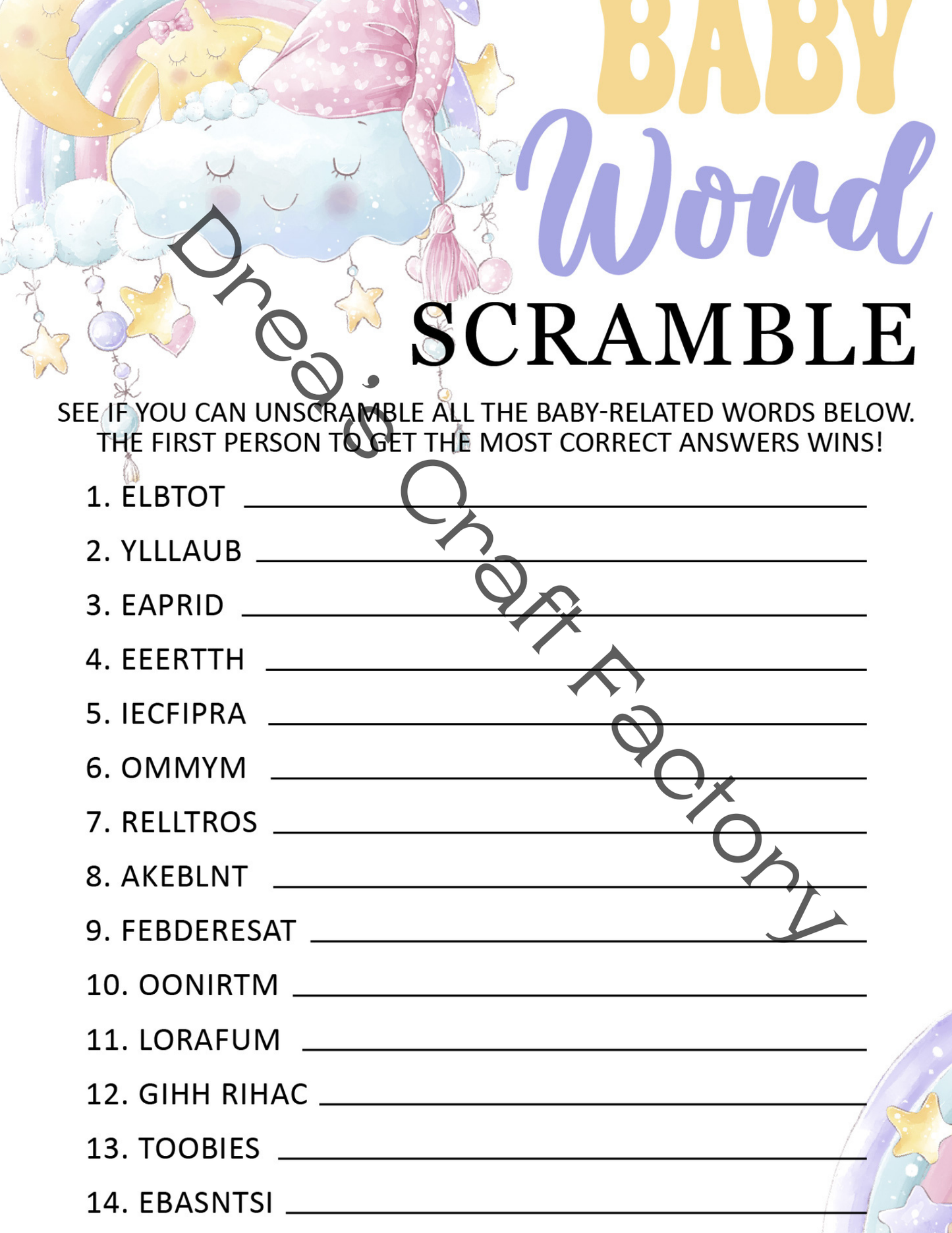 Baby Word Scramble Shower Game- Rainbows Clouds