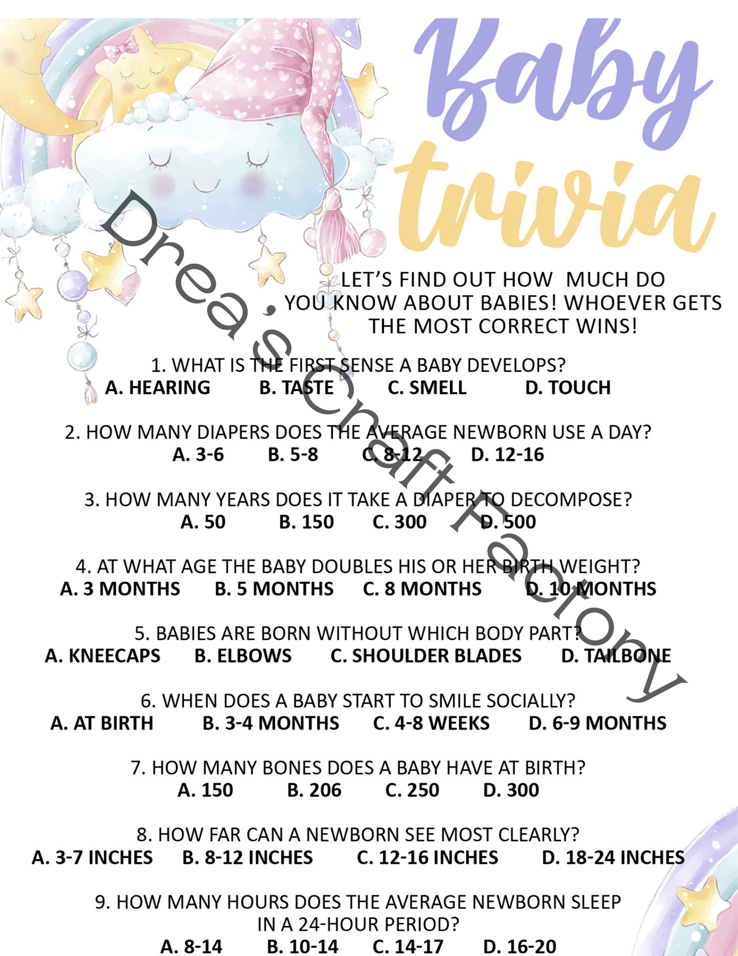 Baby Shower Trivia Game- Rainbow Clouds