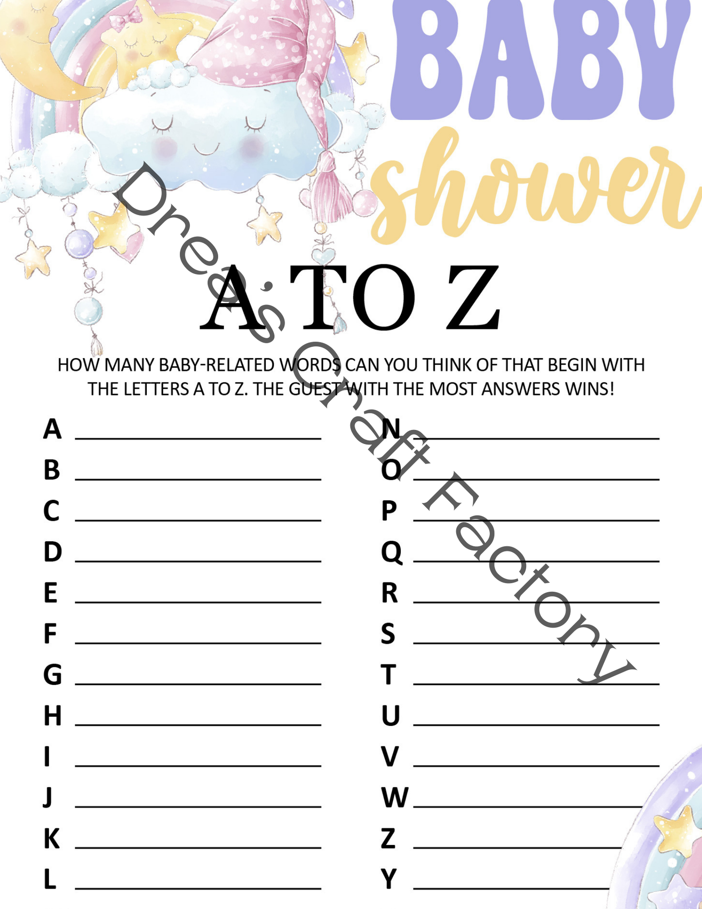 Baby Shower A to Z Party Game- Rainbows and Clouds