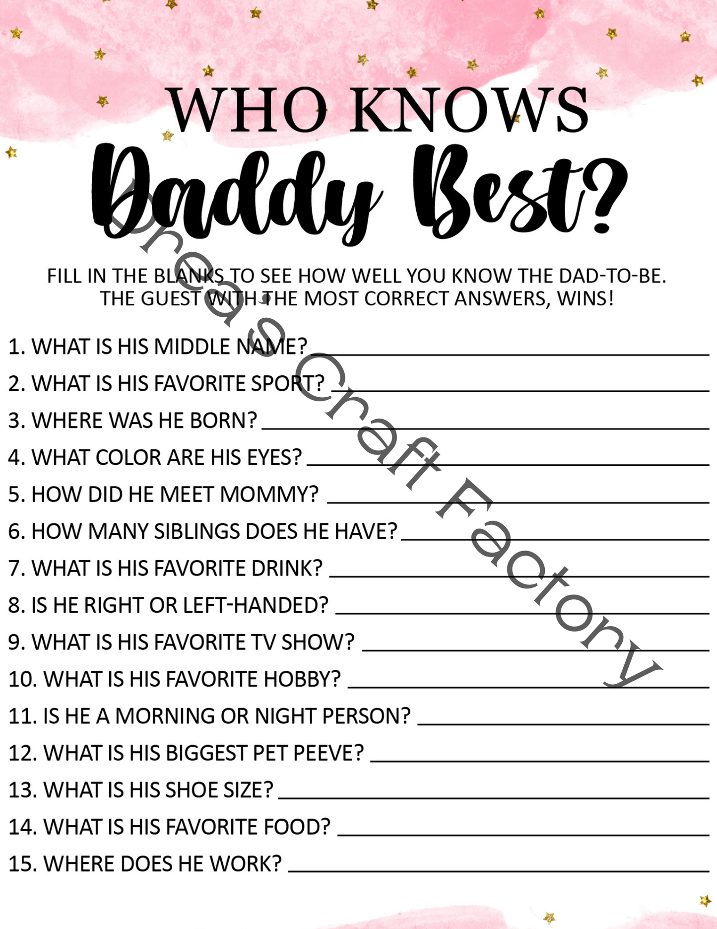 Who Knows Daddy Best Baby Shower Party Game- Pink With Gold Stars