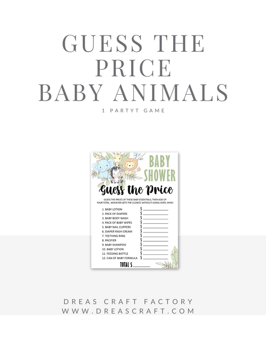 Animal Theme Guess the Price baby Shower Digital Game