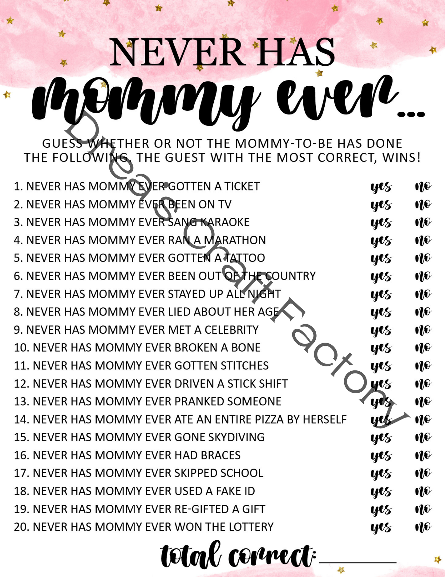 Never Has Mom Ever- Pink with Gold Star Girl Baby Shower Games