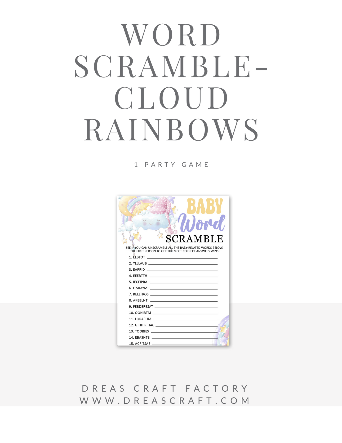 Baby Word Scramble Shower Game- Rainbows Clouds