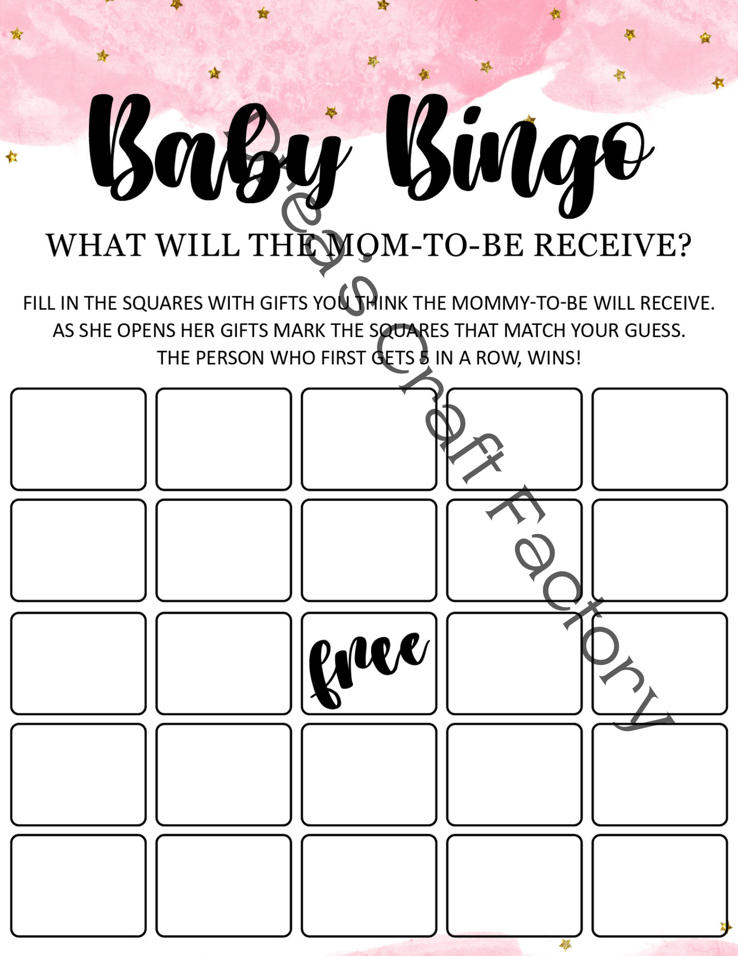 Girl Pink Gold Stars BINGO Baby Shower Party Game