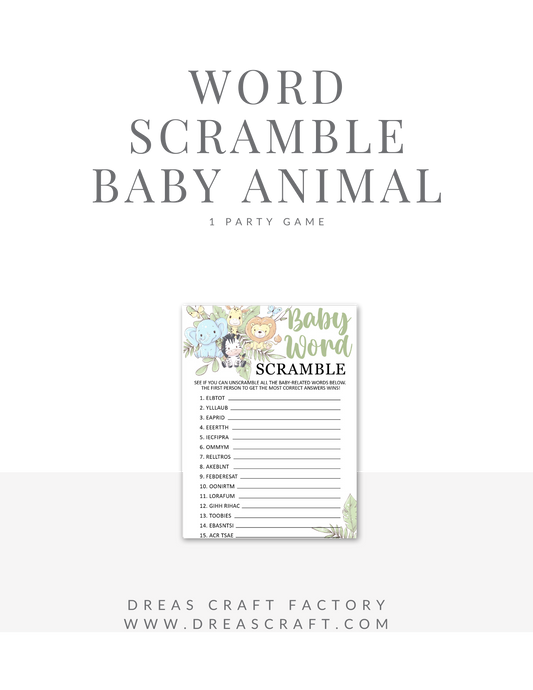 Baby Word Scramble Baby Shower Game- Baby Animals