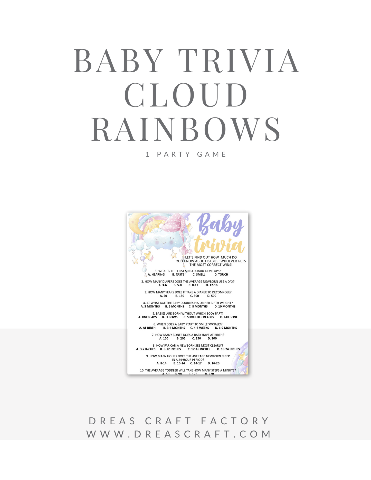 Baby Shower Trivia Game- Rainbow Clouds