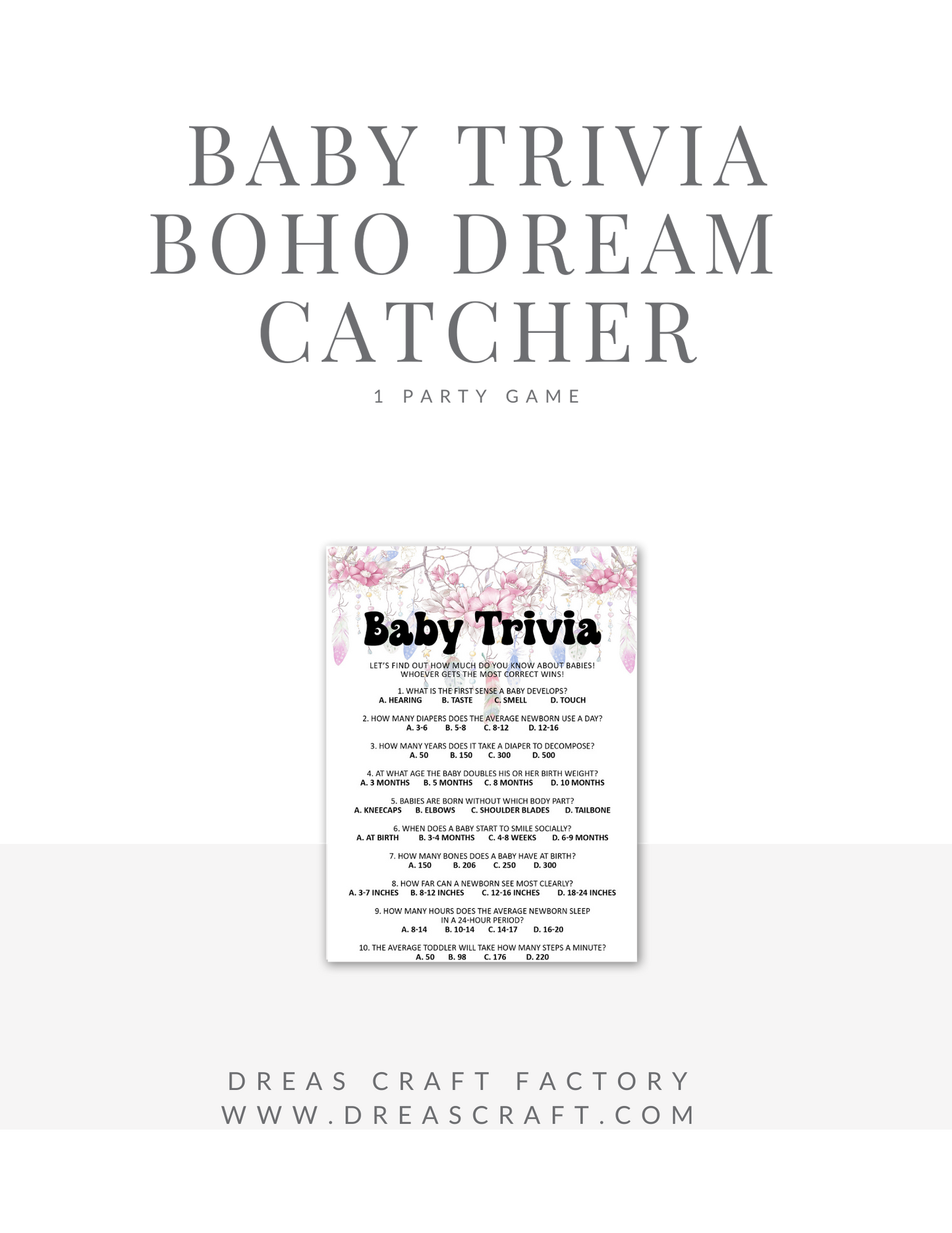 Baby Girl BOHO Baby Trivia Baby Shower Game