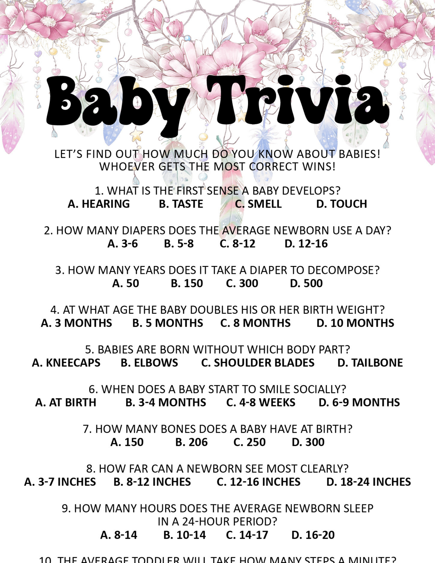 Baby Girl BOHO Baby Trivia Baby Shower Game