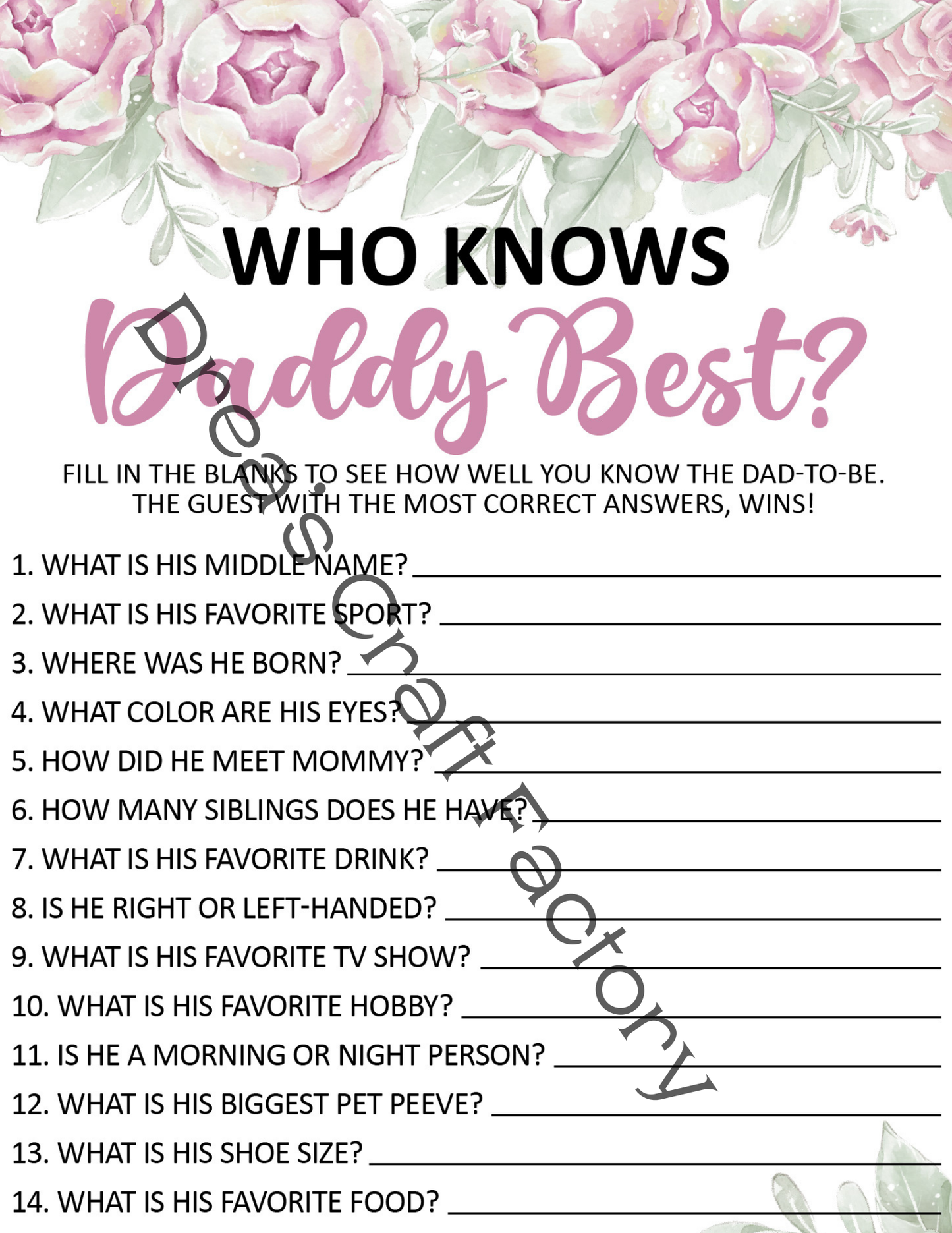 Who Knows Dad Best Baby Shower Party Game- Pink Peonies