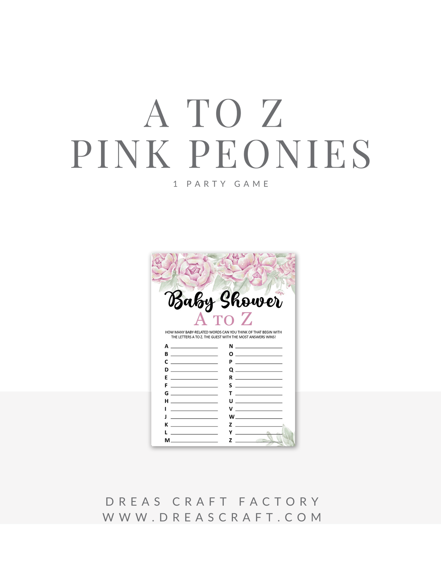 Baby Shower A to Z Baby Shower Game- Pink Peonies