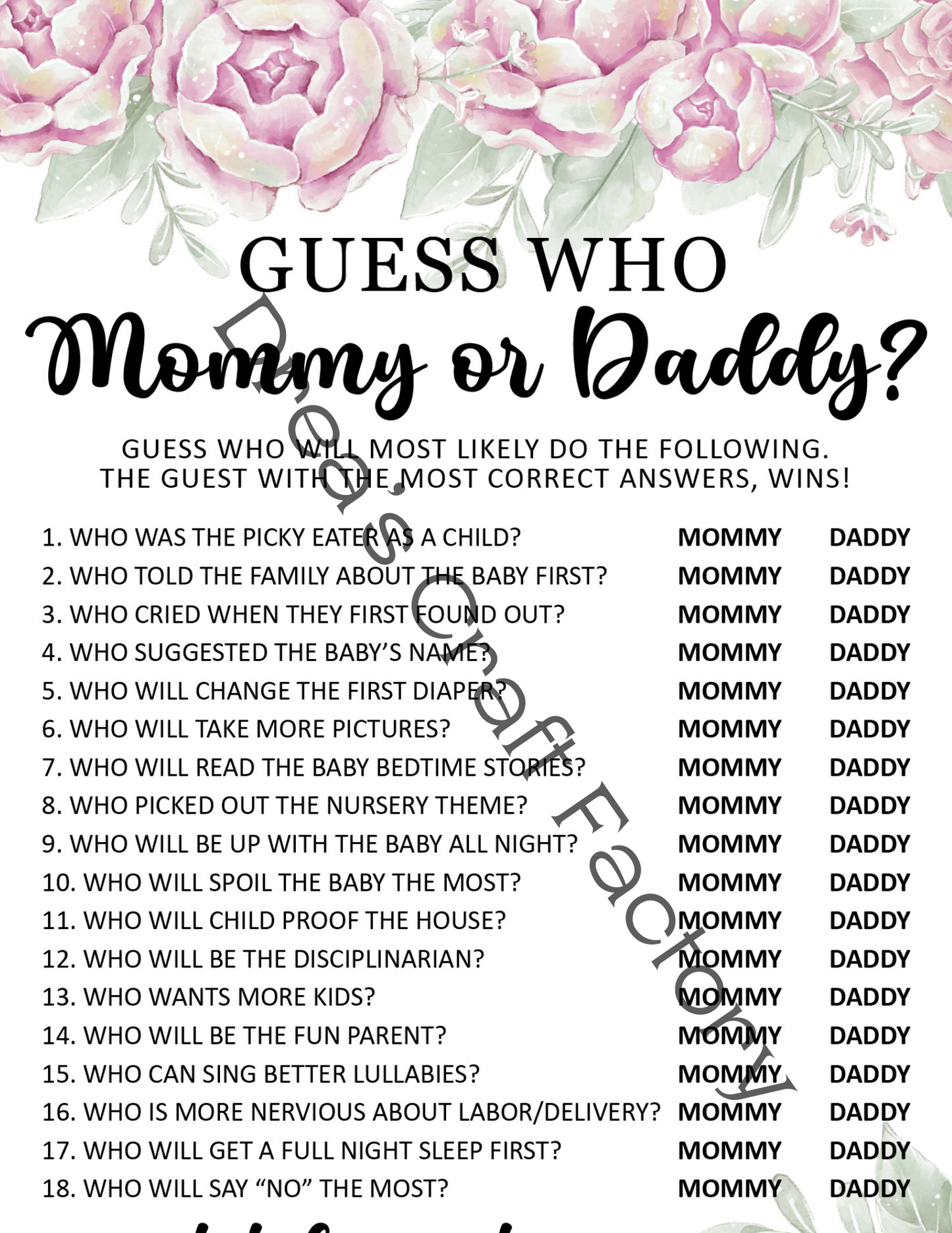 Guess Who Mommy or Daddy Baby Shower Party Game- Pink Peonies